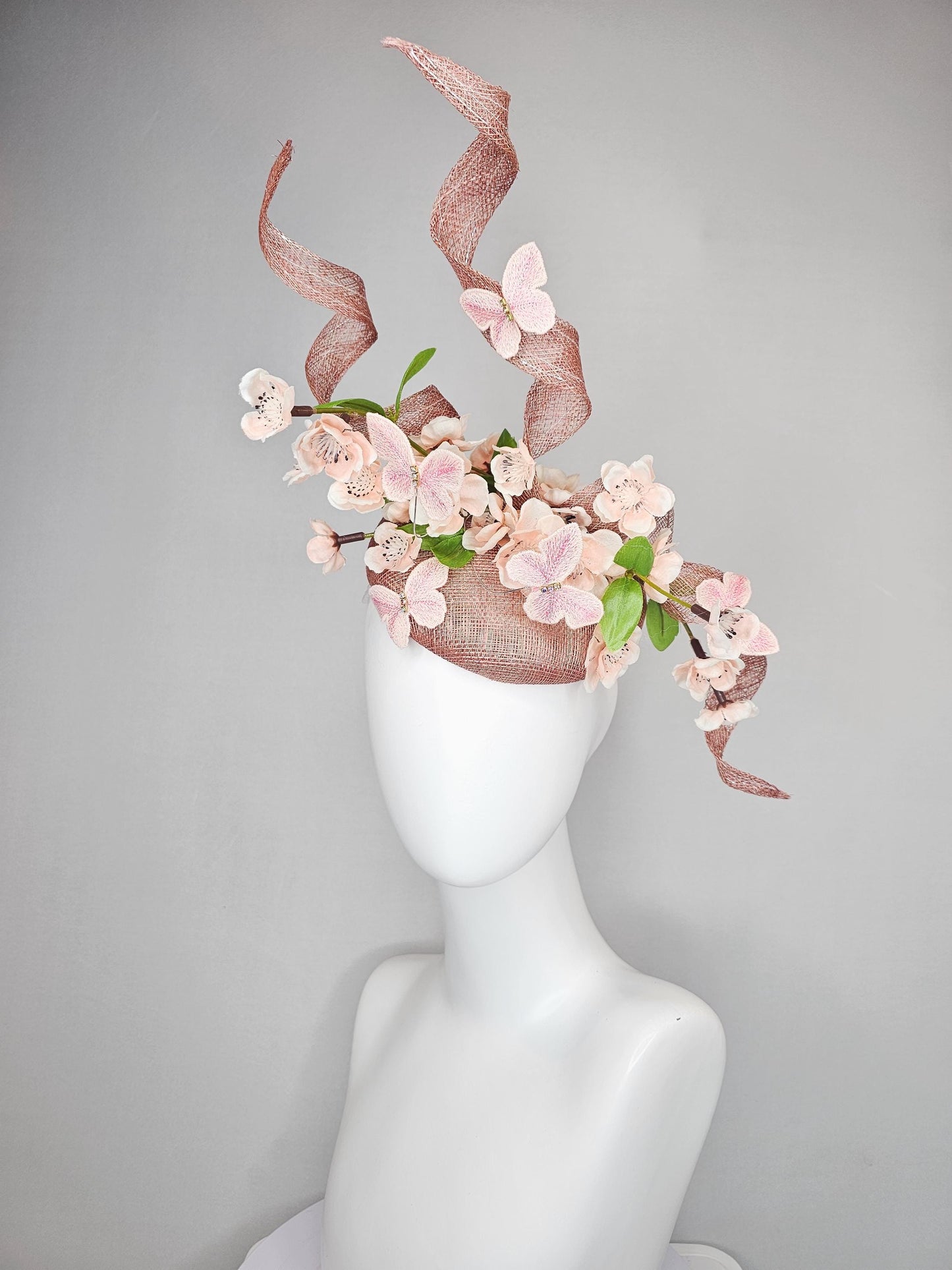 kentucky derby hat fascinator dusty pink sinamay with sinamay curls, light champagne pink satin flowers, green leaves,light pink butterflies