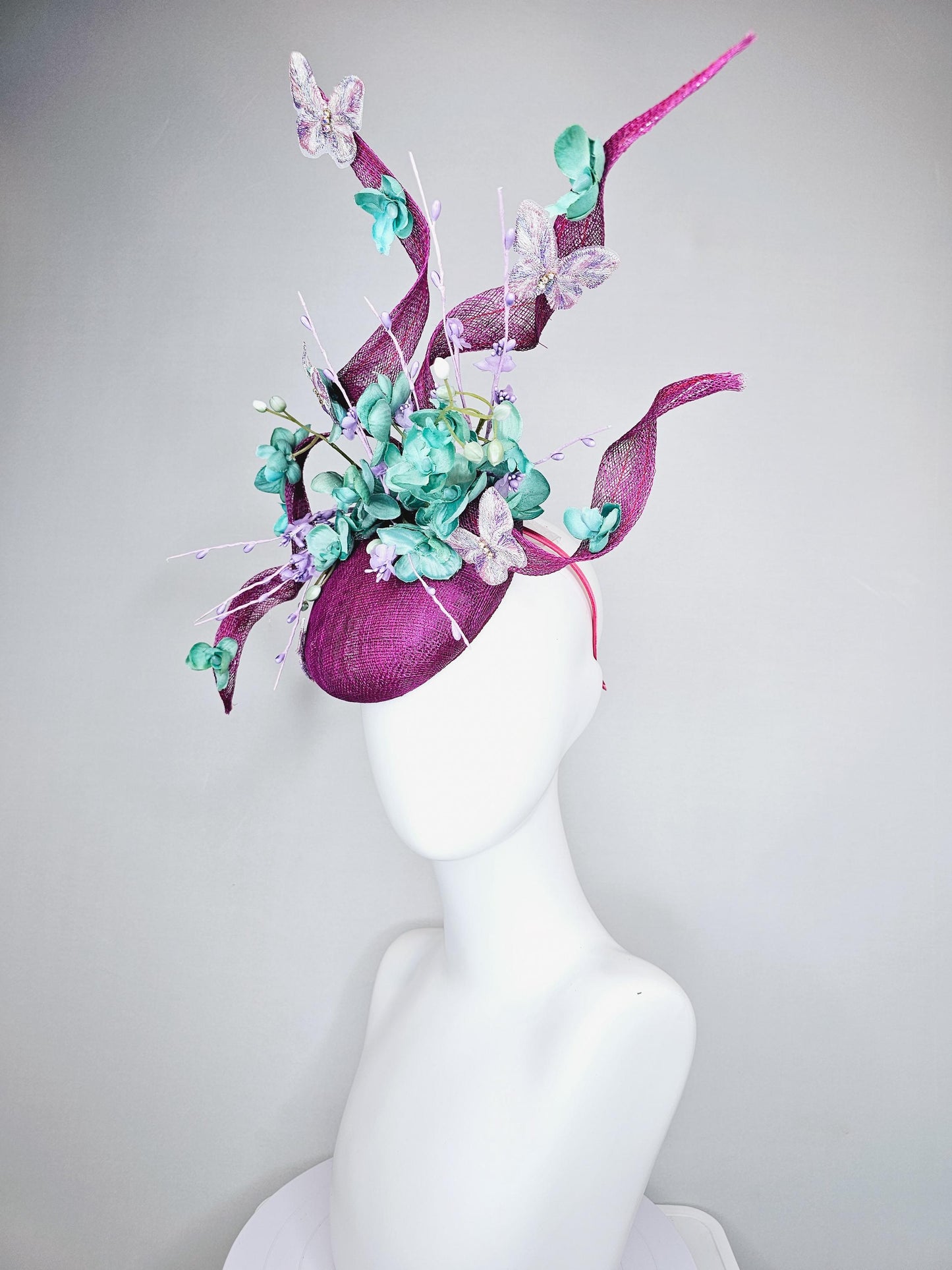 kentucky derby hat fascinator magenta purple sinamay w/ sinamay curls,mint green flowers,lavender purple pearl, floral stems and butterflies