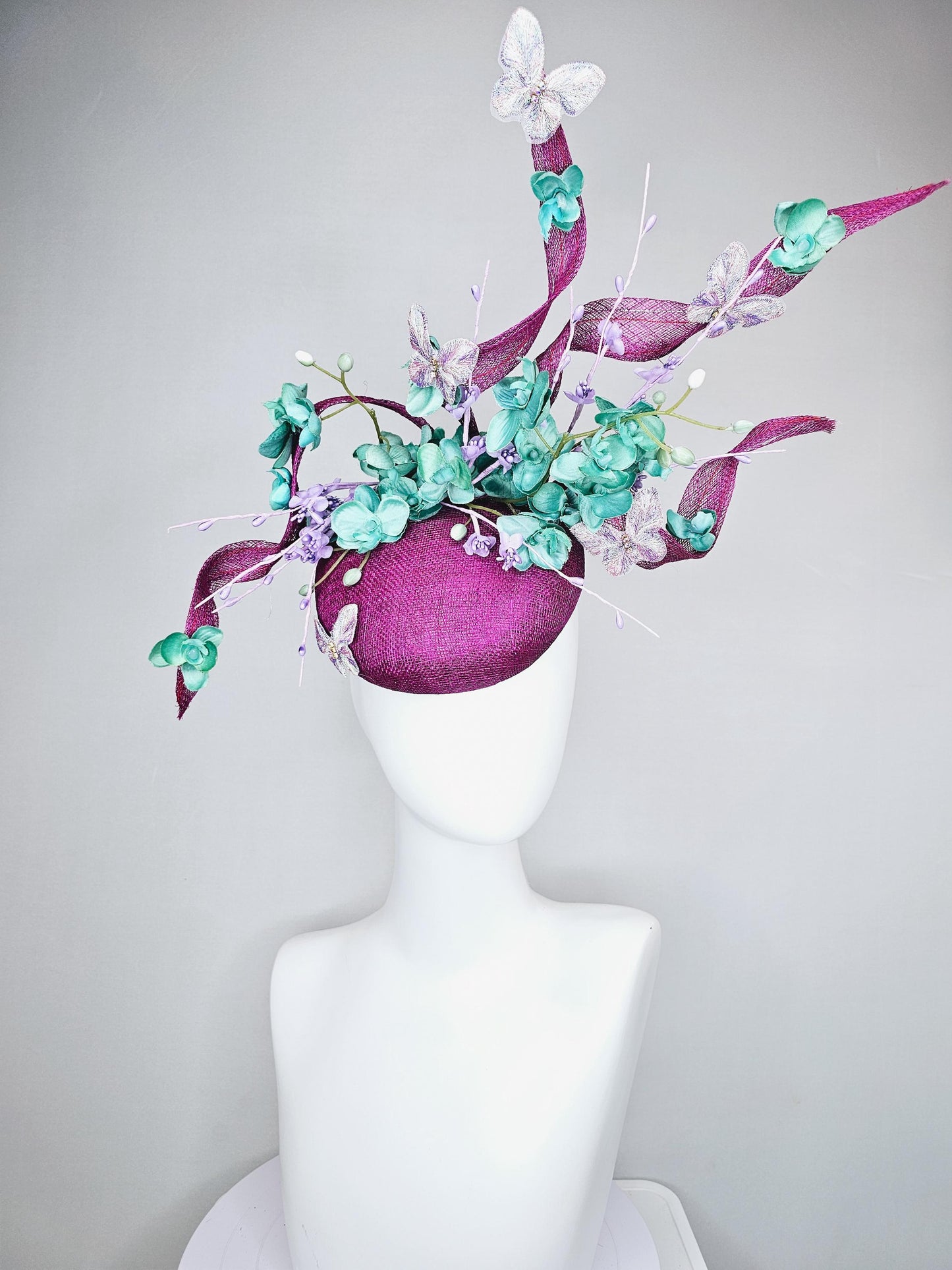 kentucky derby hat fascinator magenta purple sinamay w/ sinamay curls,mint green flowers,lavender purple pearl, floral stems and butterflies