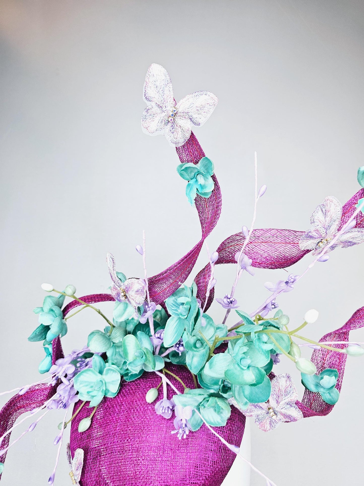 kentucky derby hat fascinator magenta purple sinamay w/ sinamay curls,mint green flowers,lavender purple pearl, floral stems and butterflies