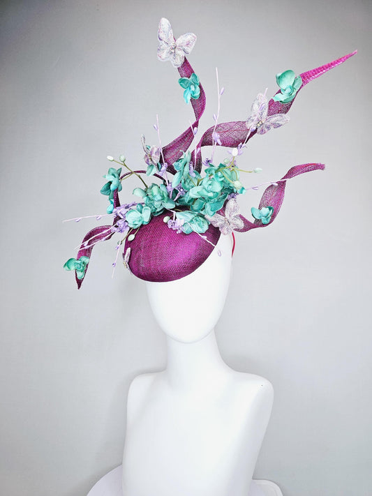 kentucky derby hat fascinator magenta purple sinamay w/ sinamay curls,mint green flowers,lavender purple pearl, floral stems and butterflies