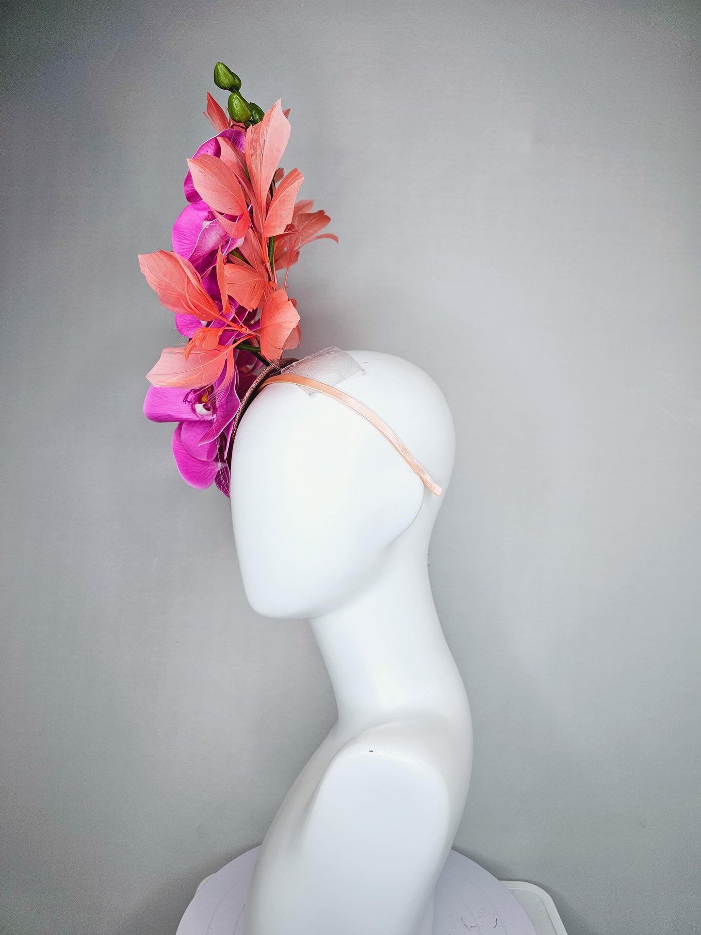 kentucky derby hat fascinator bright pink fuchsia orchid satin silk flowers, coral orange peach branching feathers