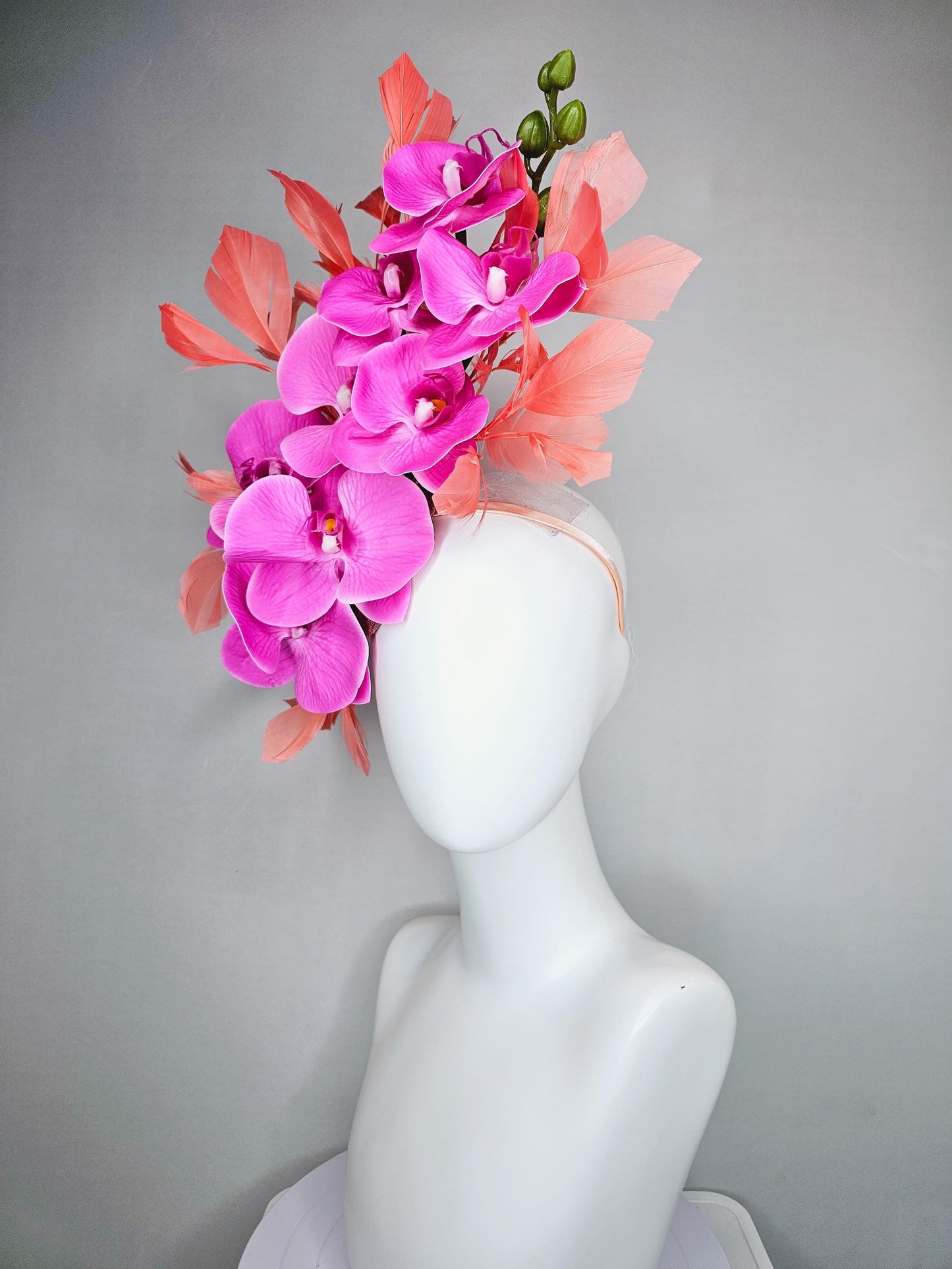 kentucky derby hat fascinator bright pink fuchsia orchid satin silk flowers, coral orange peach branching feathers