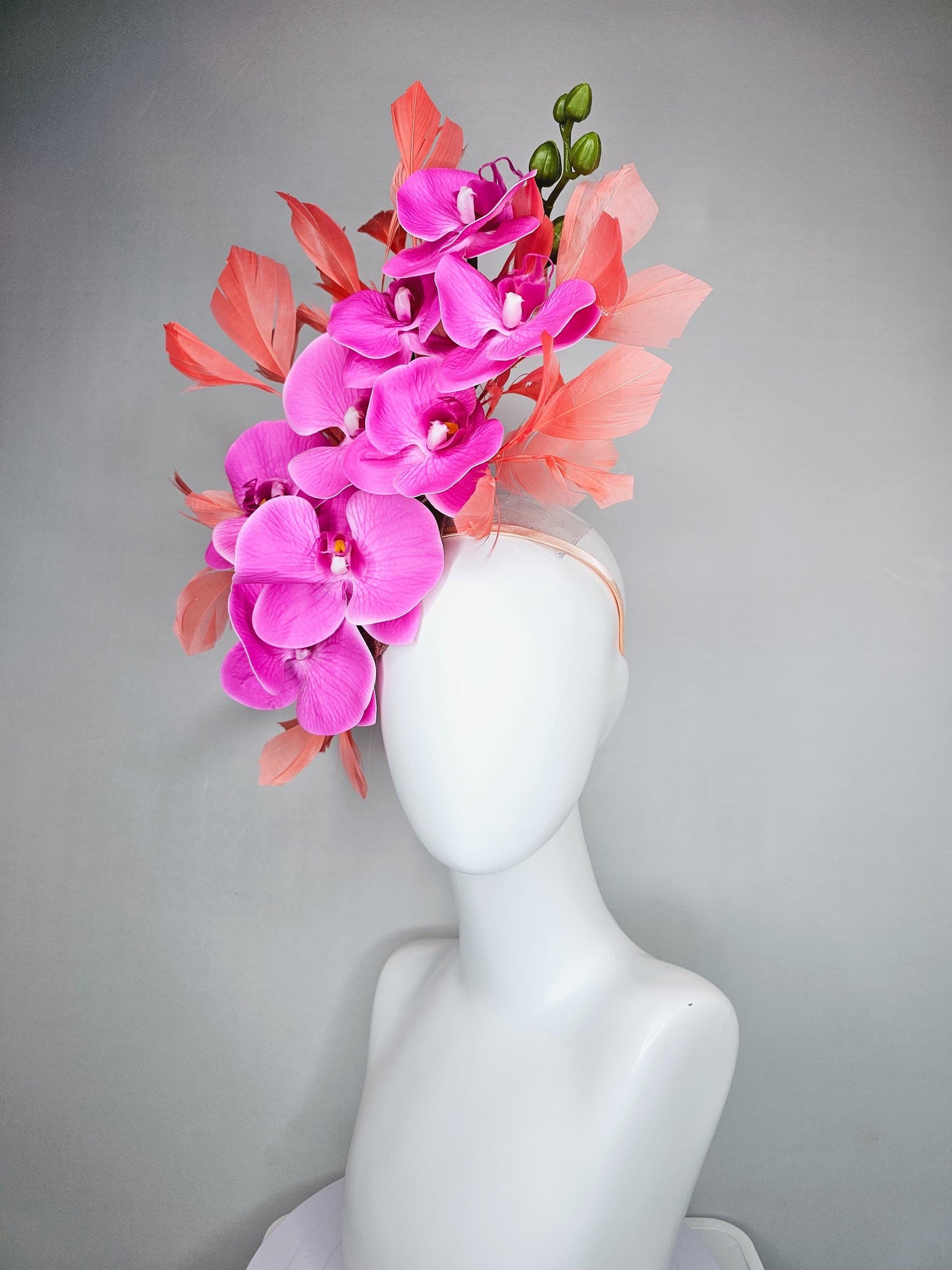 kentucky derby hat fascinator bright pink fuchsia orchid satin silk flowers, coral orange peach branching feathers