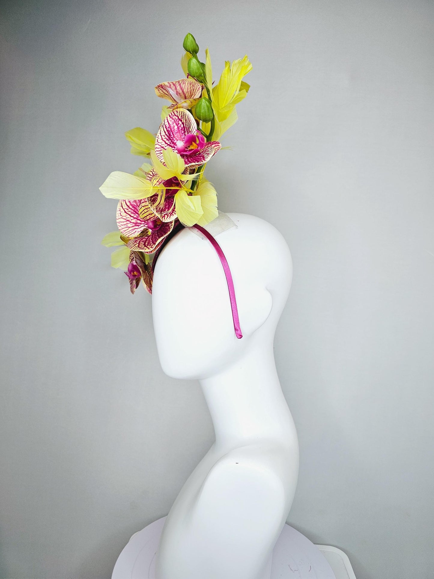 kentucky derby hat fascinator pink magenta and yellow orchid satin silk flowers, yellow branching feathers