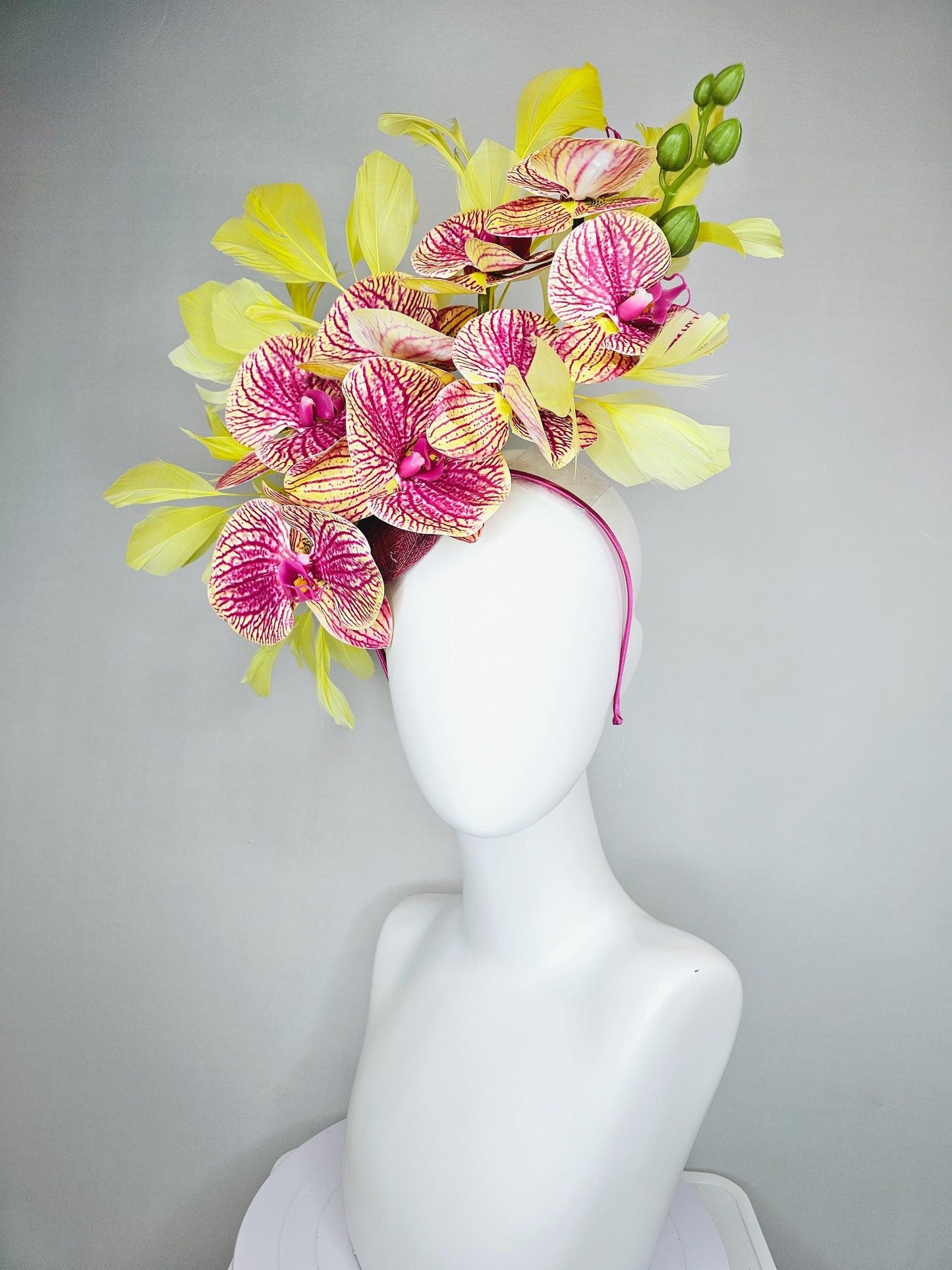 kentucky derby hat fascinator pink magenta and yellow orchid satin silk flowers, yellow branching feathers