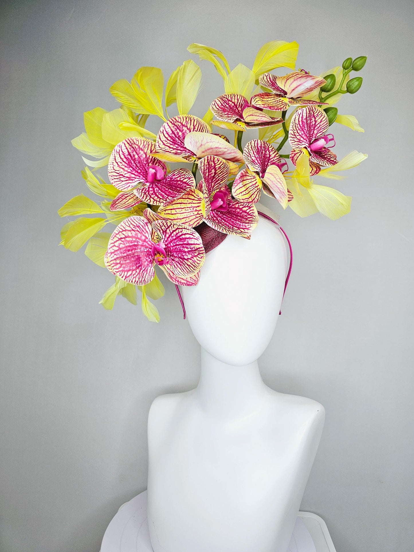 kentucky derby hat fascinator pink magenta and yellow orchid satin silk flowers, yellow branching feathers