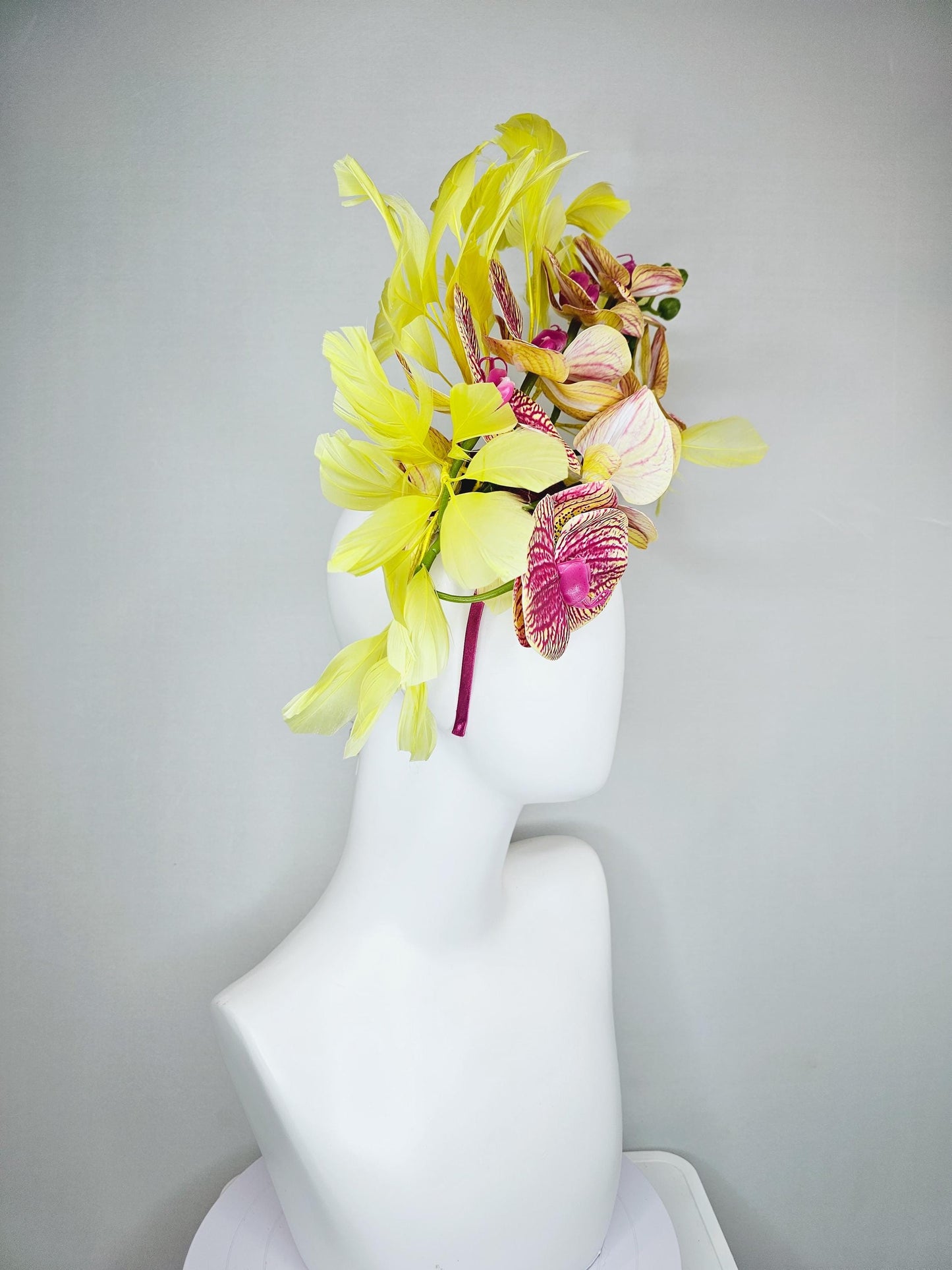 kentucky derby hat fascinator pink magenta and yellow orchid satin silk flowers, yellow branching feathers