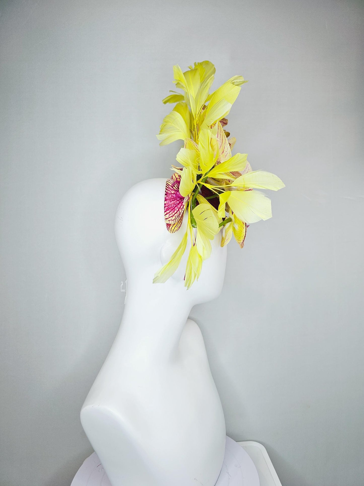 kentucky derby hat fascinator pink magenta and yellow orchid satin silk flowers, yellow branching feathers