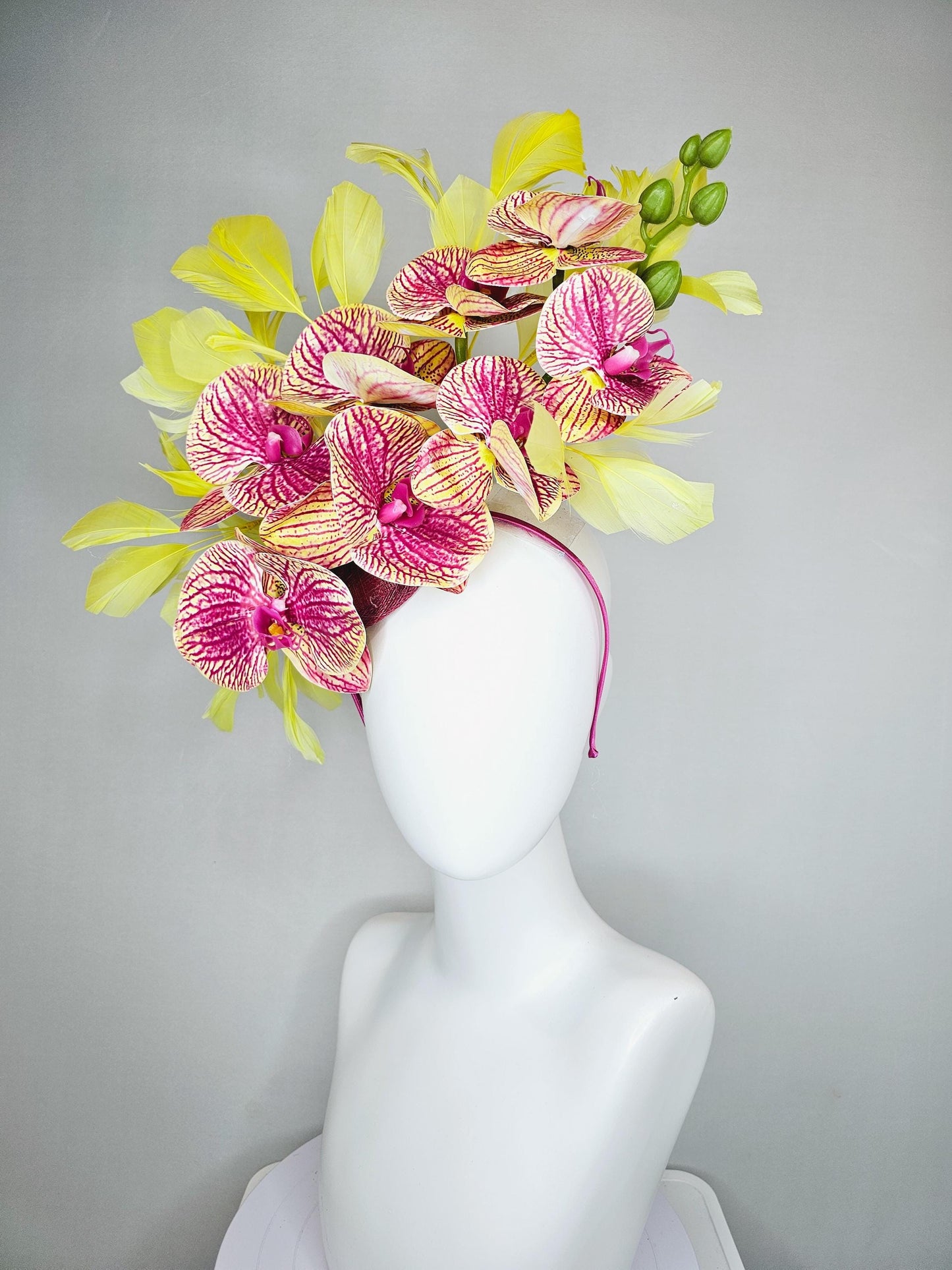 kentucky derby hat fascinator pink magenta and yellow orchid satin silk flowers, yellow branching feathers