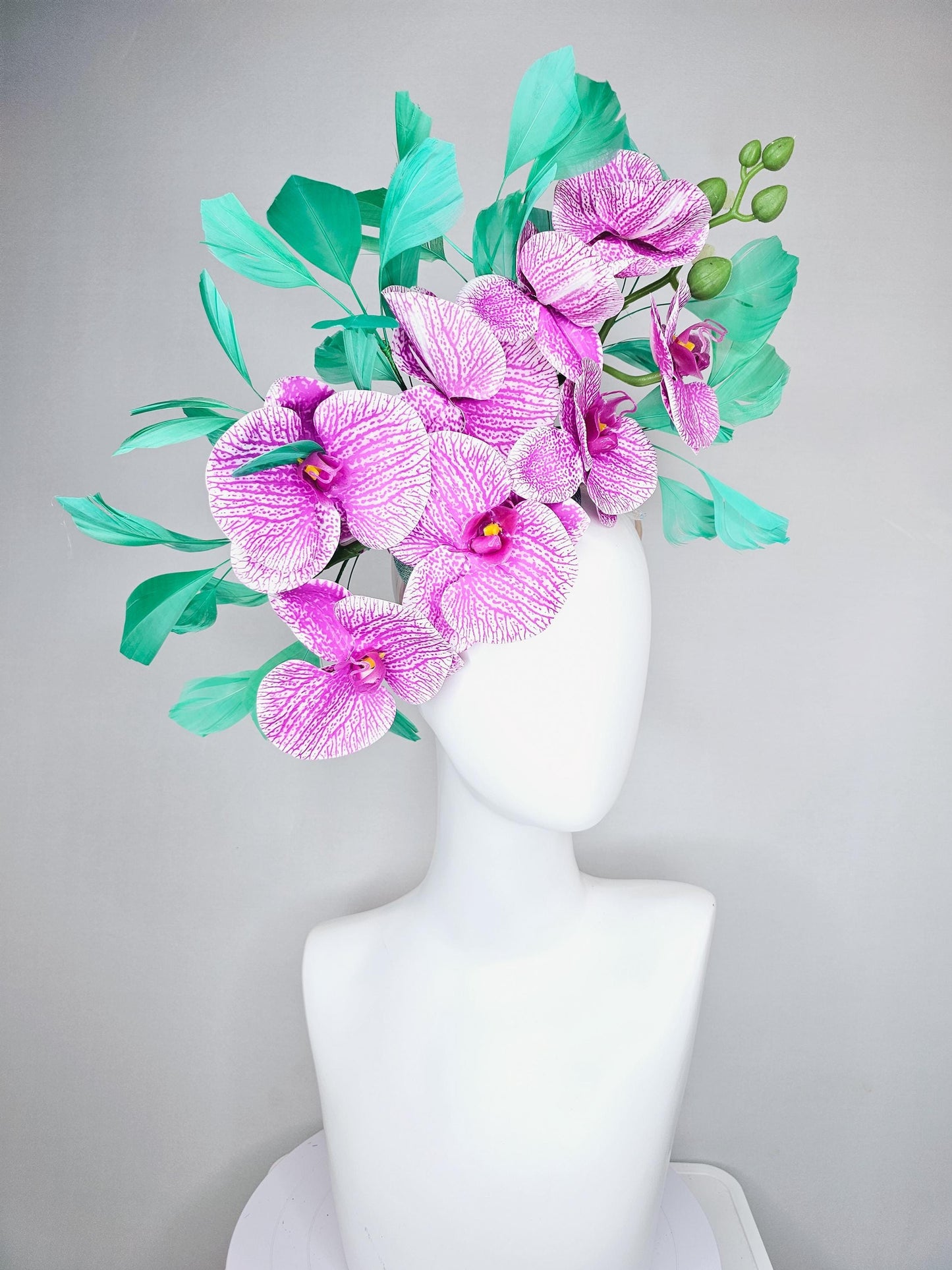 kentucky derby hat fascinator white and purple orchid satin silk flowers, bright mint green branching feathers