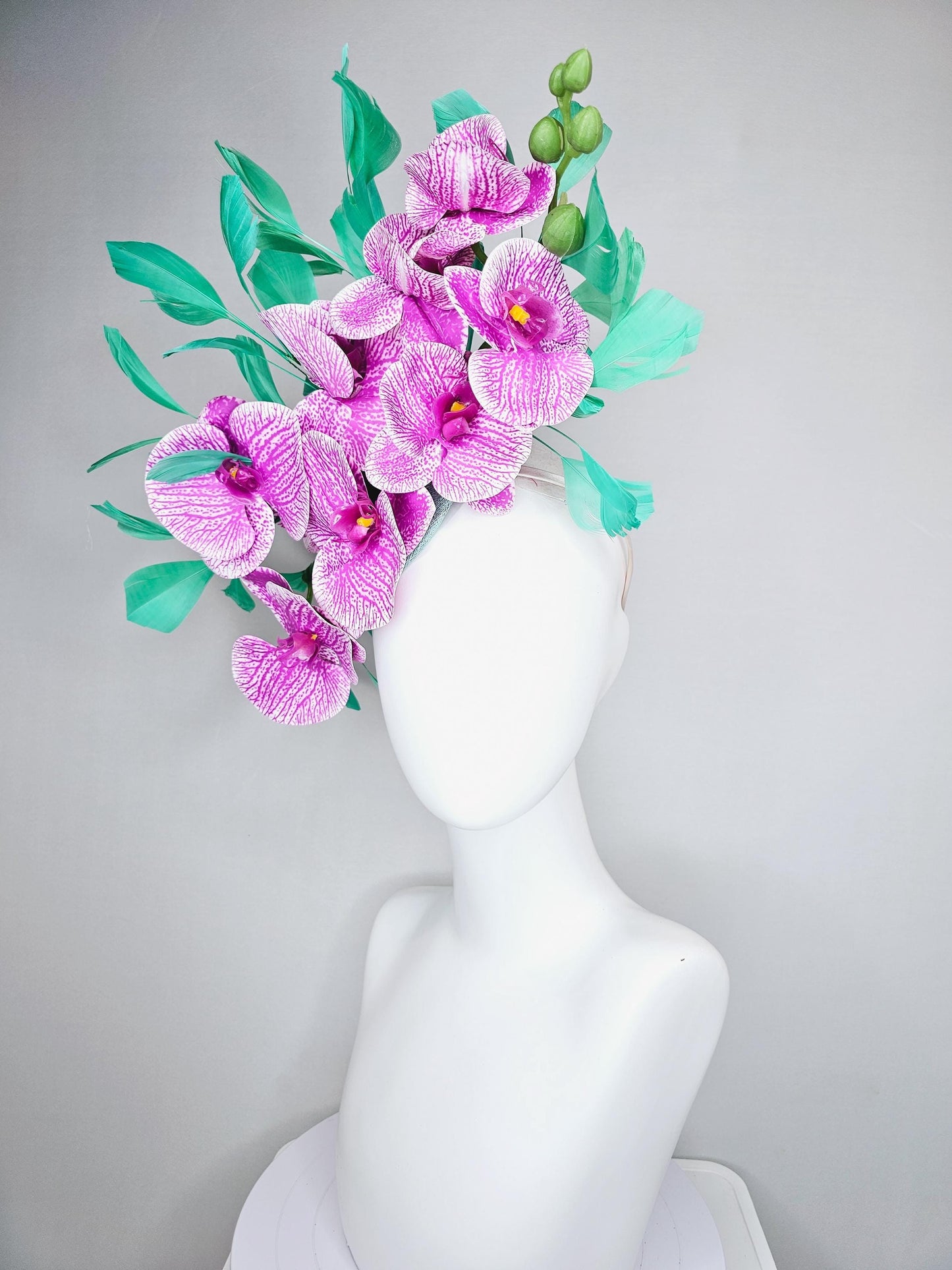 kentucky derby hat fascinator white and purple orchid satin silk flowers, bright mint green branching feathers