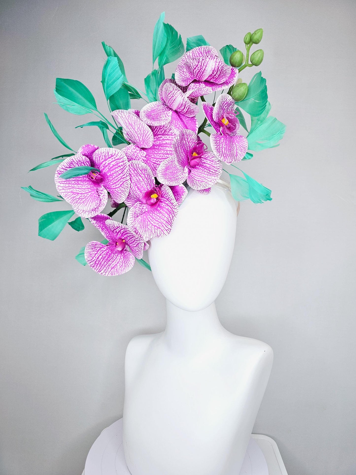 kentucky derby hat fascinator white and purple orchid satin silk flowers, bright mint green branching feathers