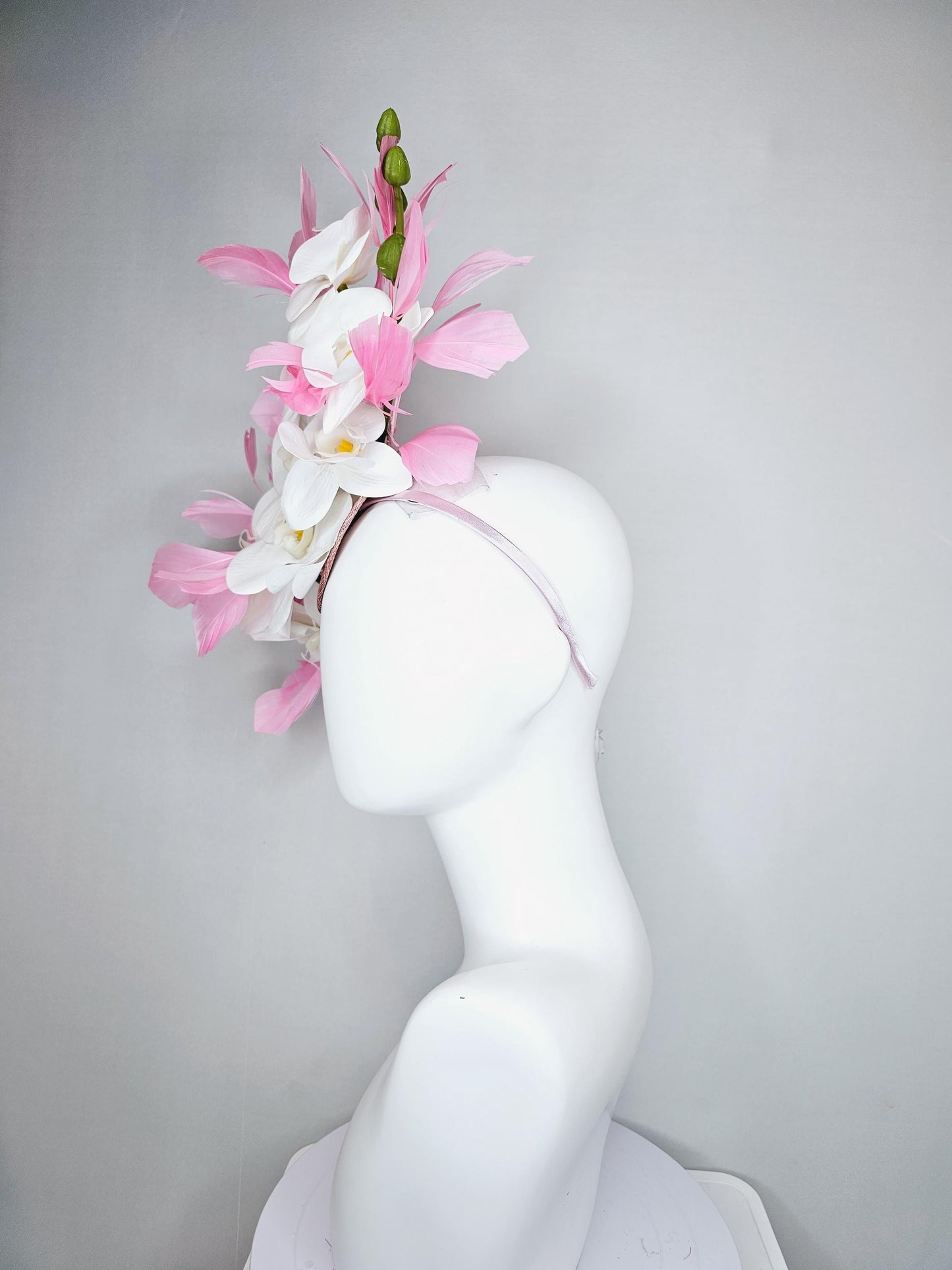 kentucky derby hat fascinator white orchid satin silk flowers, light blush pink branching feathers