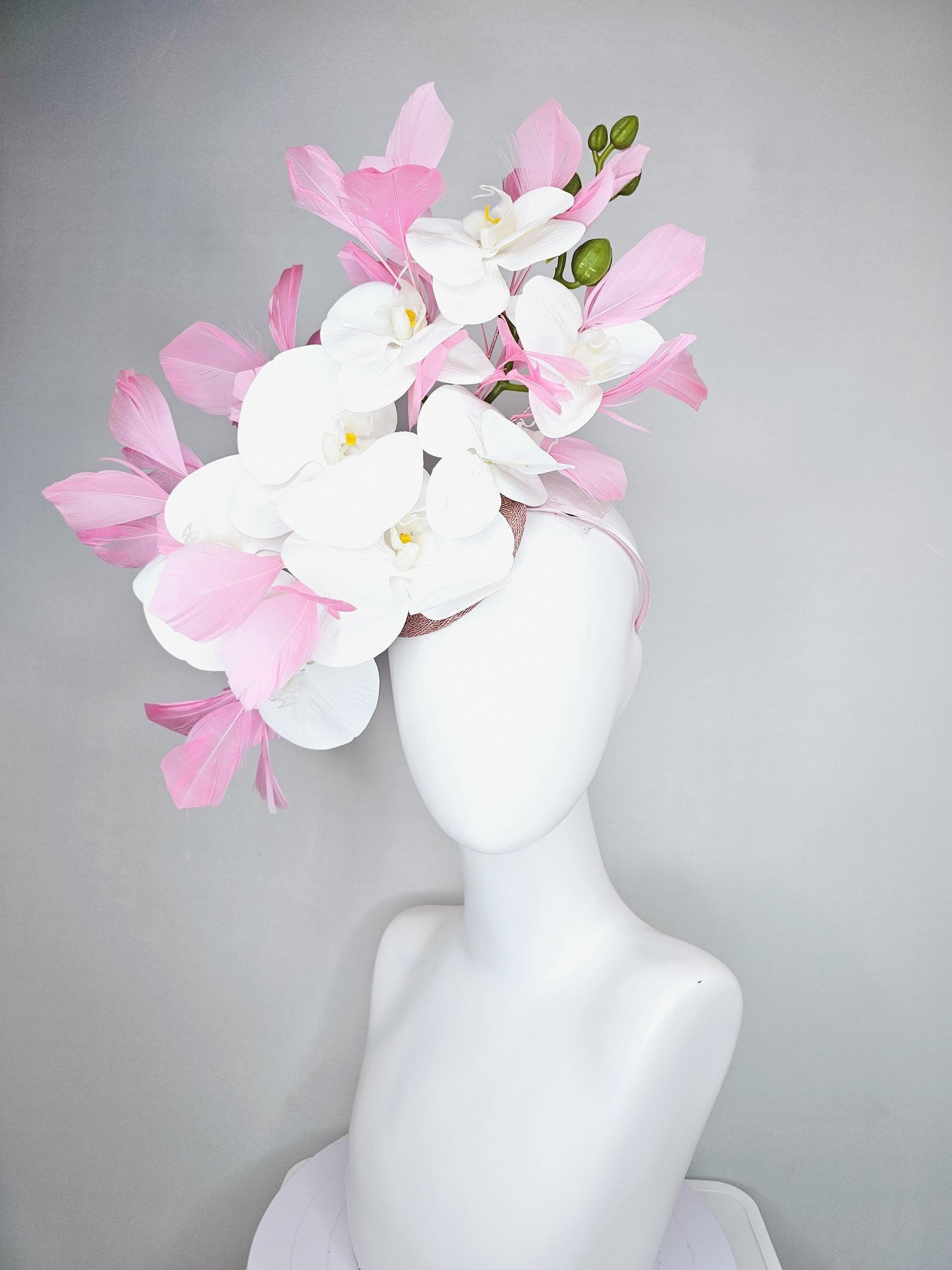 kentucky derby hat fascinator white orchid satin silk flowers, light blush pink branching feathers