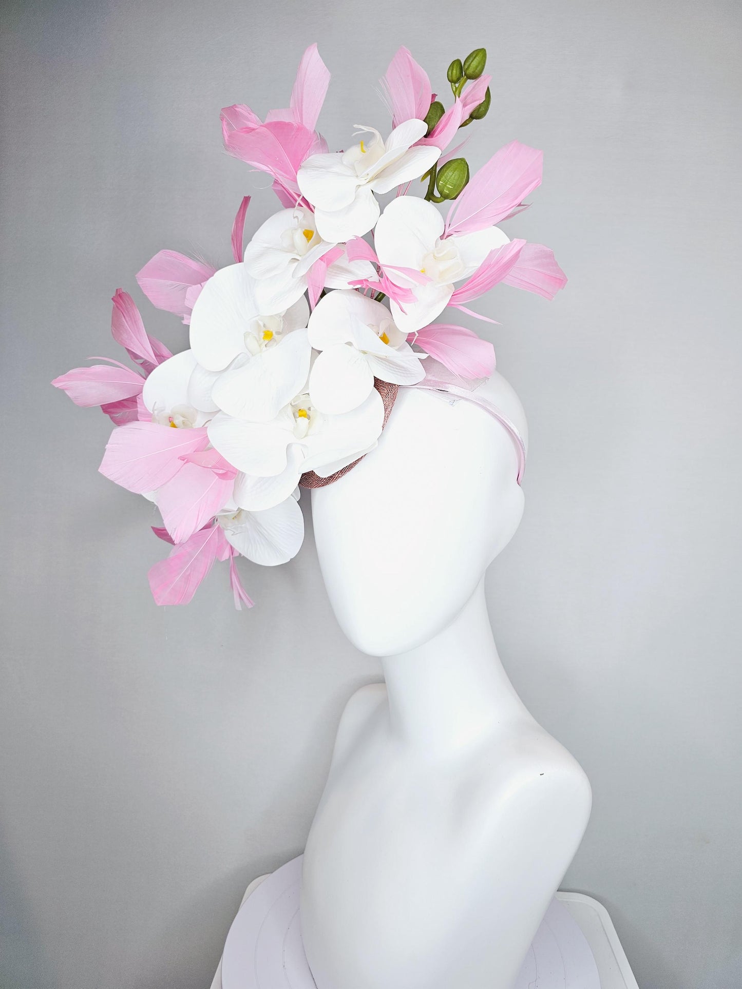 kentucky derby hat fascinator white orchid satin silk flowers, light blush pink branching feathers