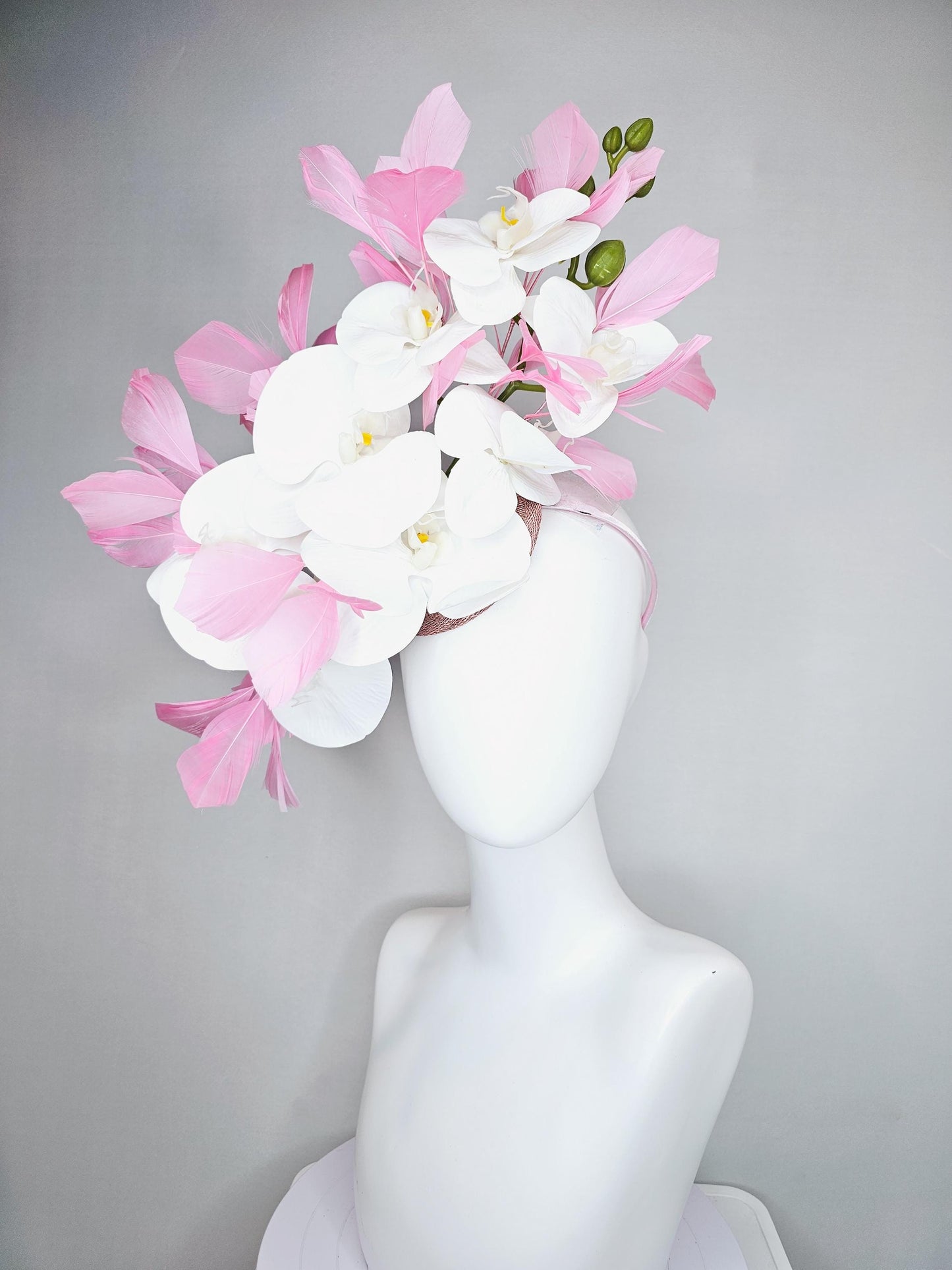 kentucky derby hat fascinator white orchid satin silk flowers, light blush pink branching feathers