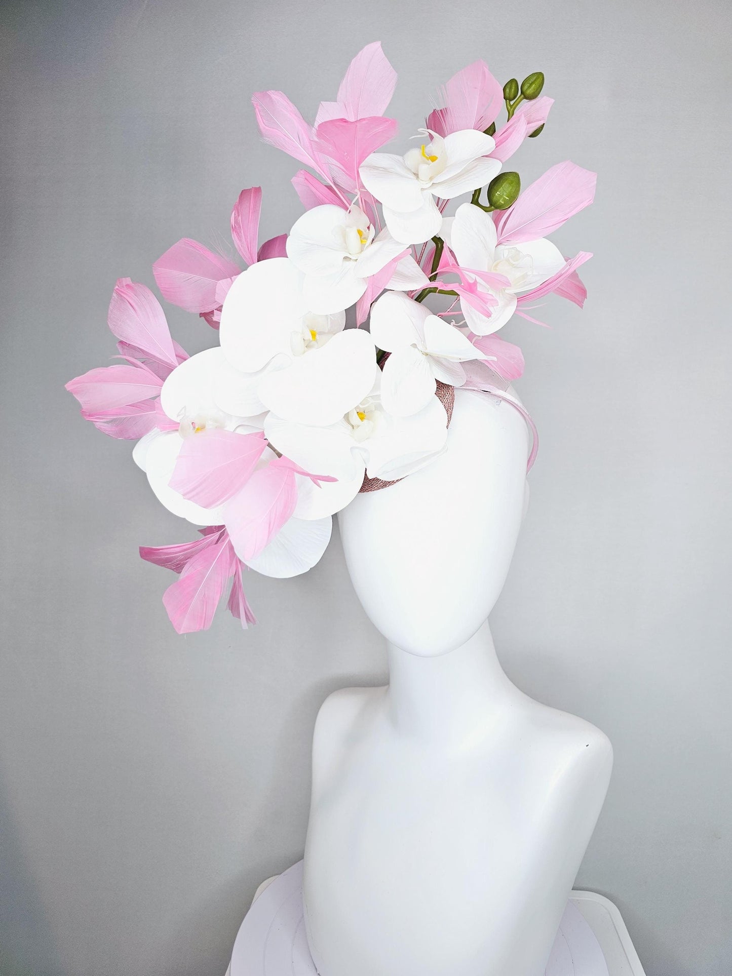 kentucky derby hat fascinator white orchid satin silk flowers, light blush pink branching feathers