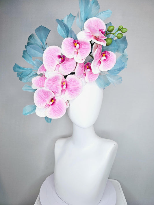 kentucky derby hat fascinator large white and blush pink orchid satin silk flowers, teal blue branching feathers