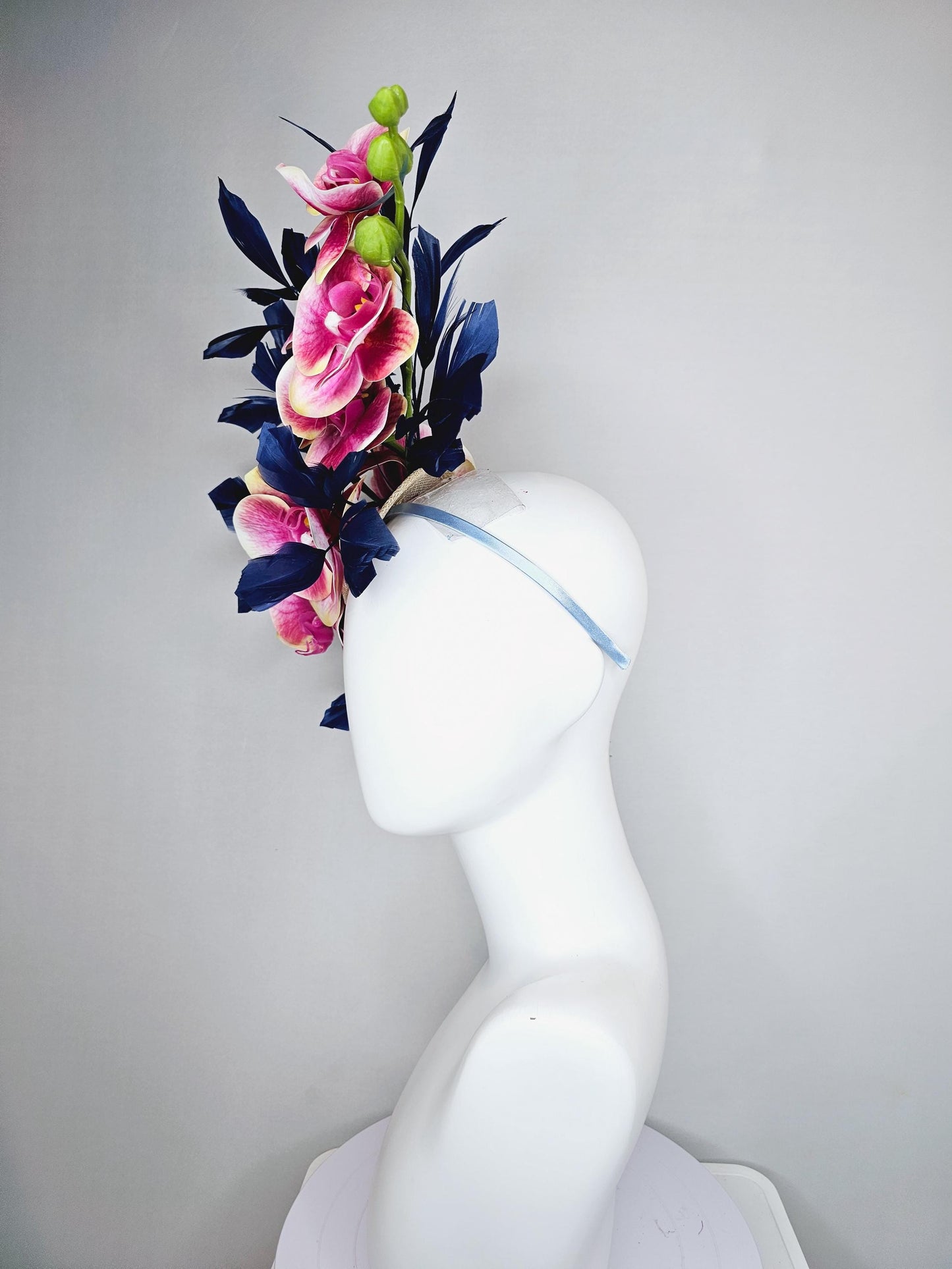 kentucky derby hat fascinator large white yellow and pink orchid satin silk flowers, navy blue branching feathers