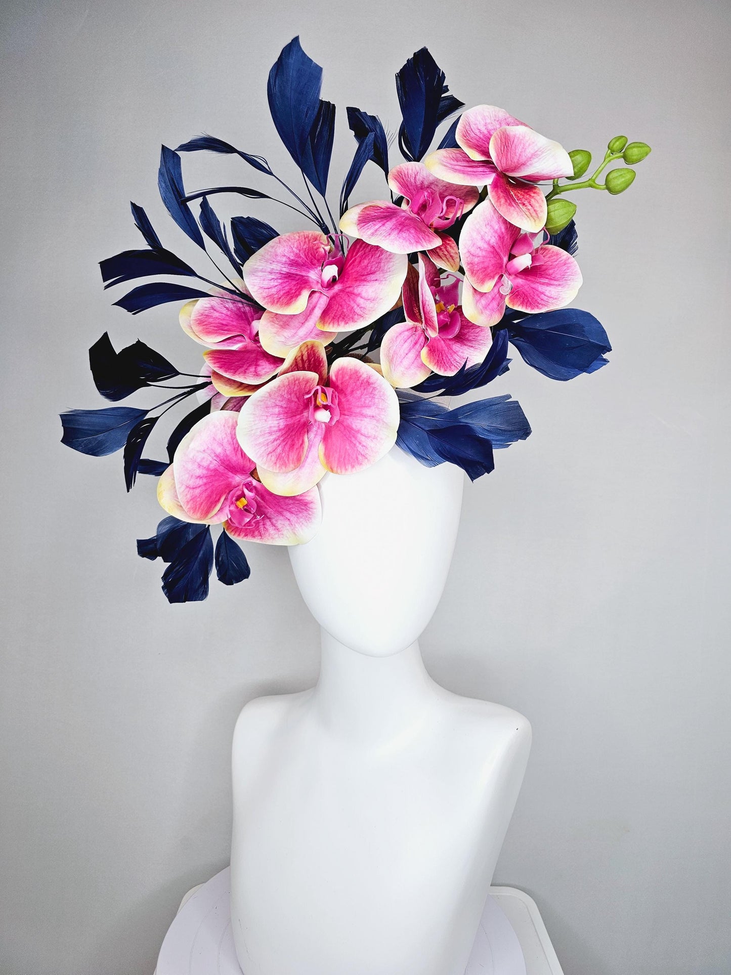 kentucky derby hat fascinator large white yellow and pink orchid satin silk flowers, navy blue branching feathers