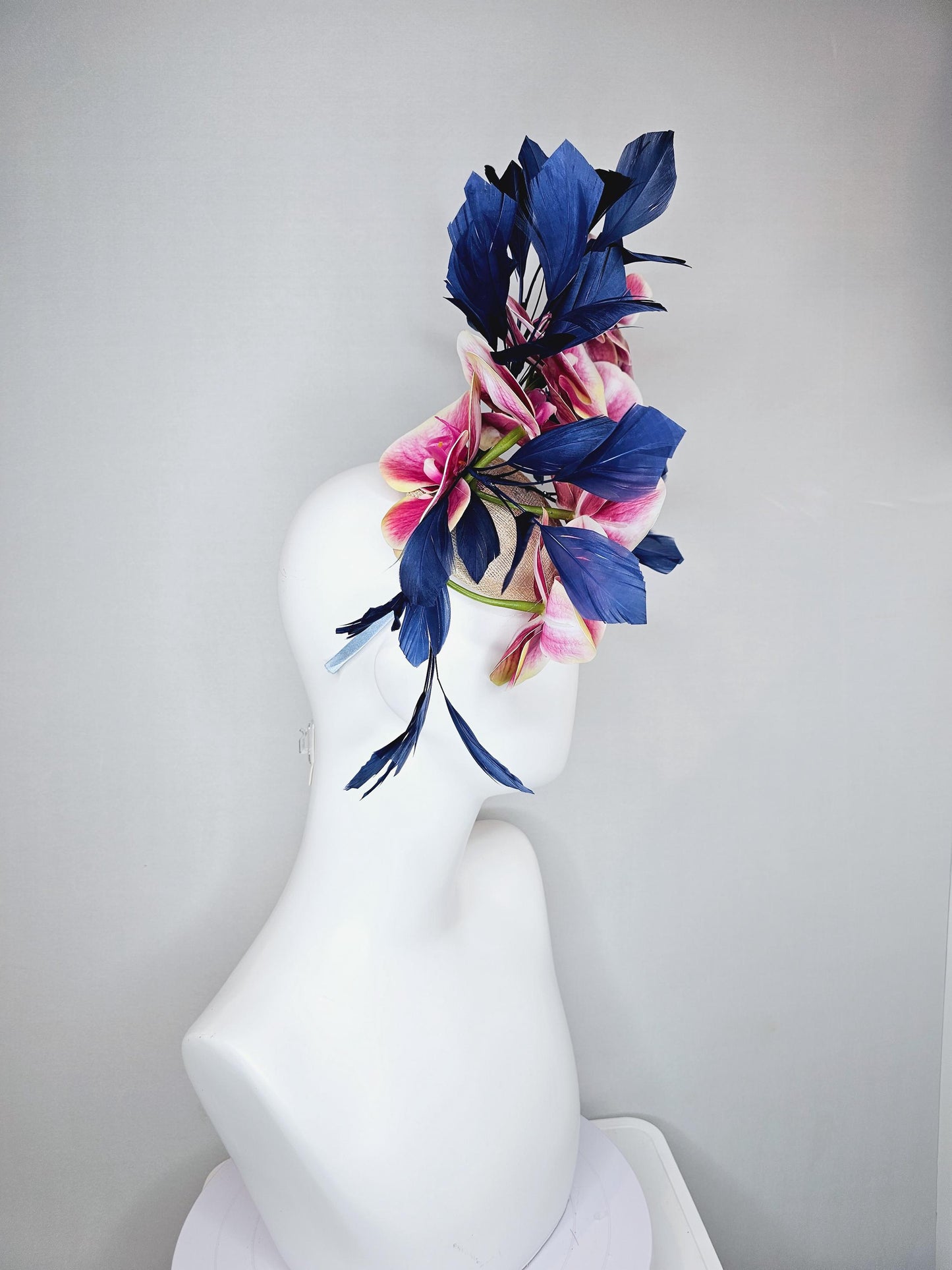 kentucky derby hat fascinator large white yellow and pink orchid satin silk flowers, navy blue branching feathers