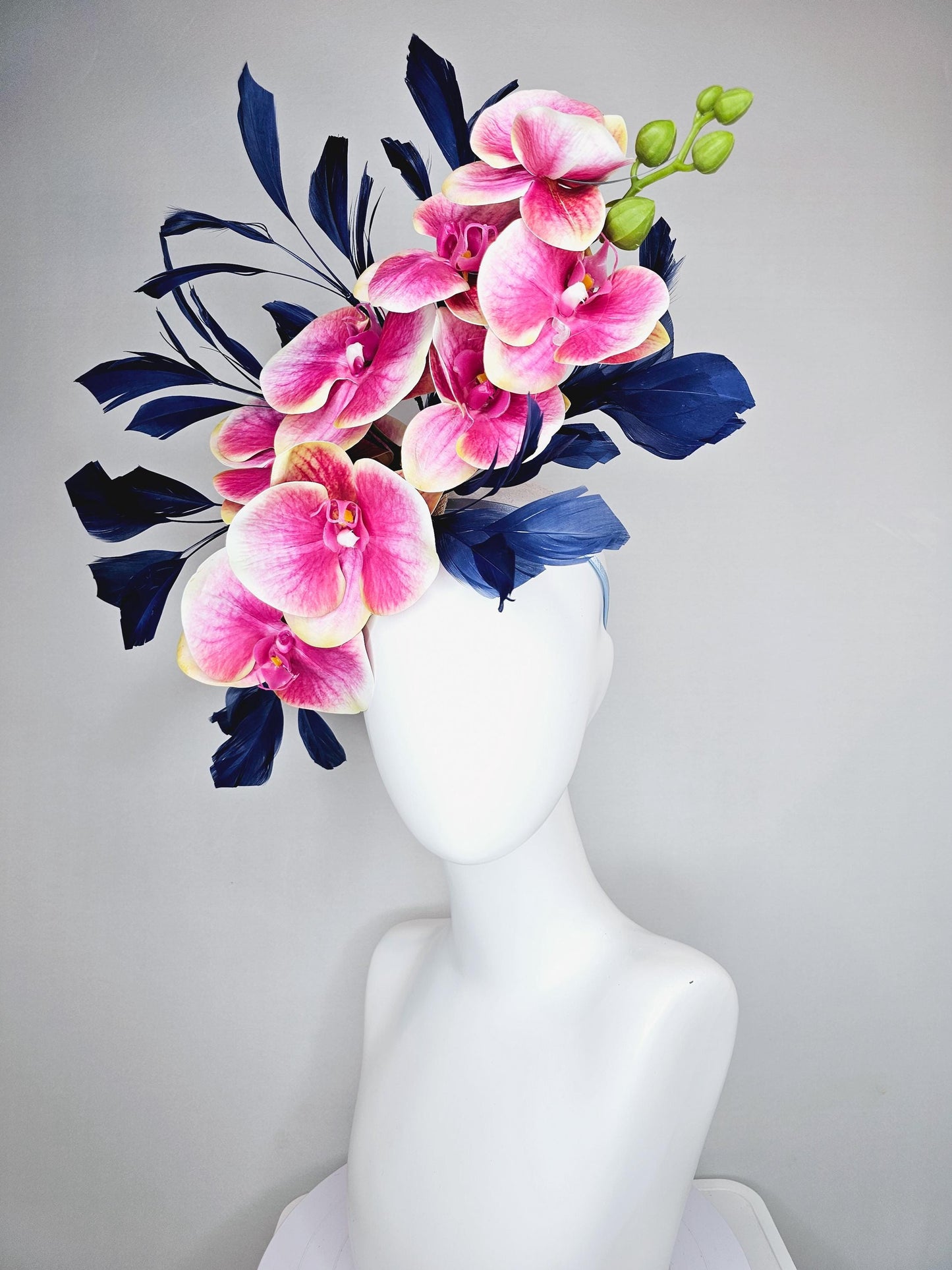 kentucky derby hat fascinator large white yellow and pink orchid satin silk flowers, navy blue branching feathers