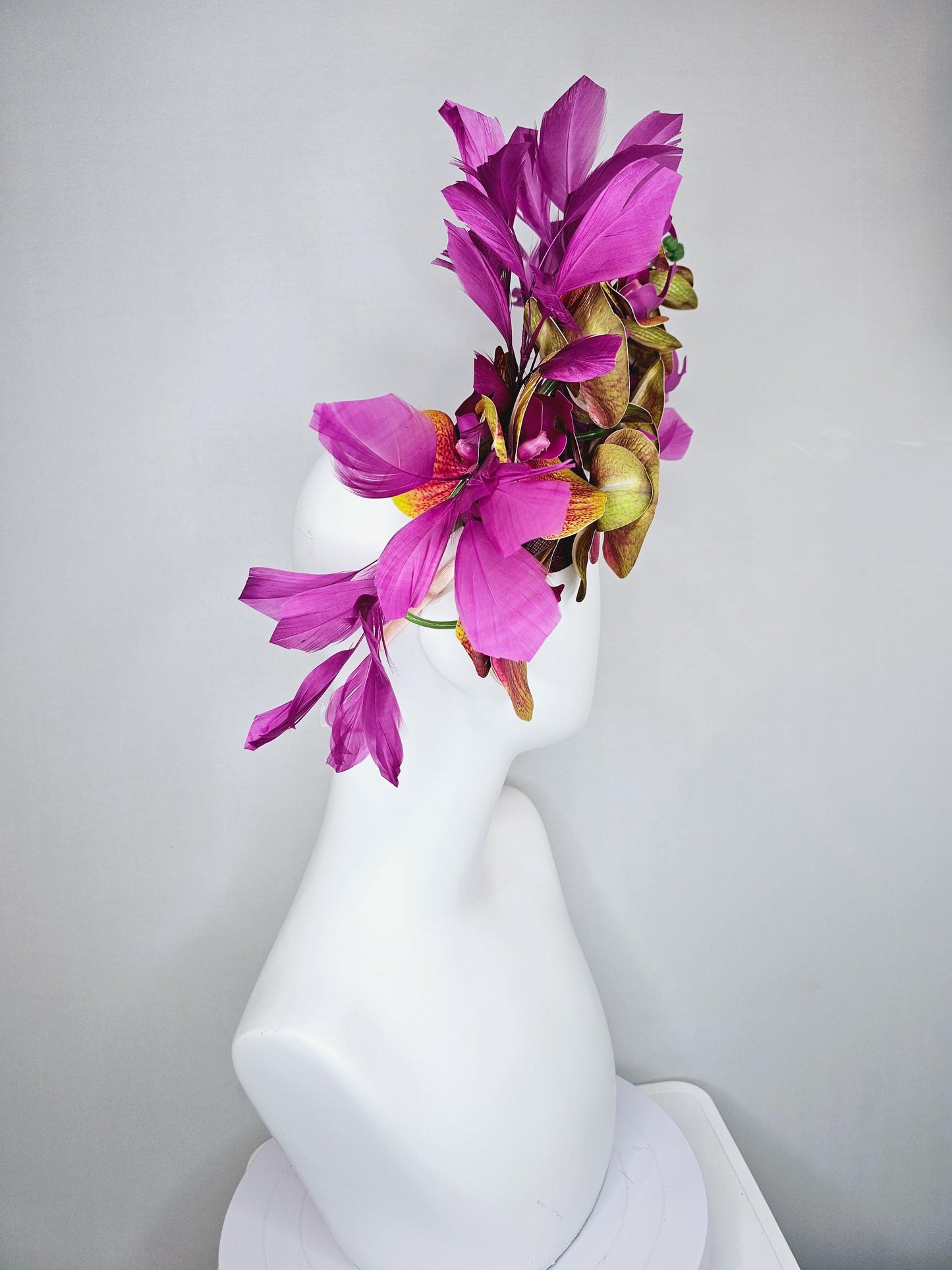 kentucky derby hat fascinator large yellow and pink magenta purple orchid satin silk flowers, magenta purple branching feathers