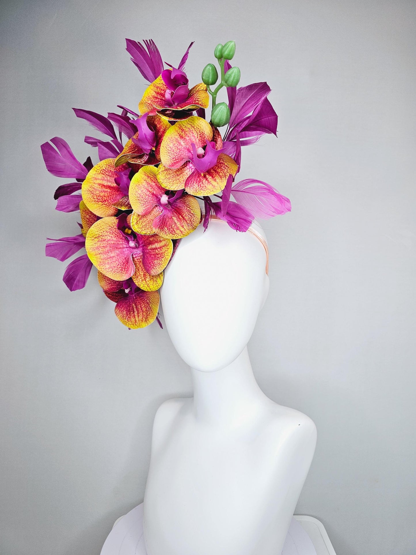 kentucky derby hat fascinator large yellow and pink magenta purple orchid satin silk flowers, magenta purple branching feathers