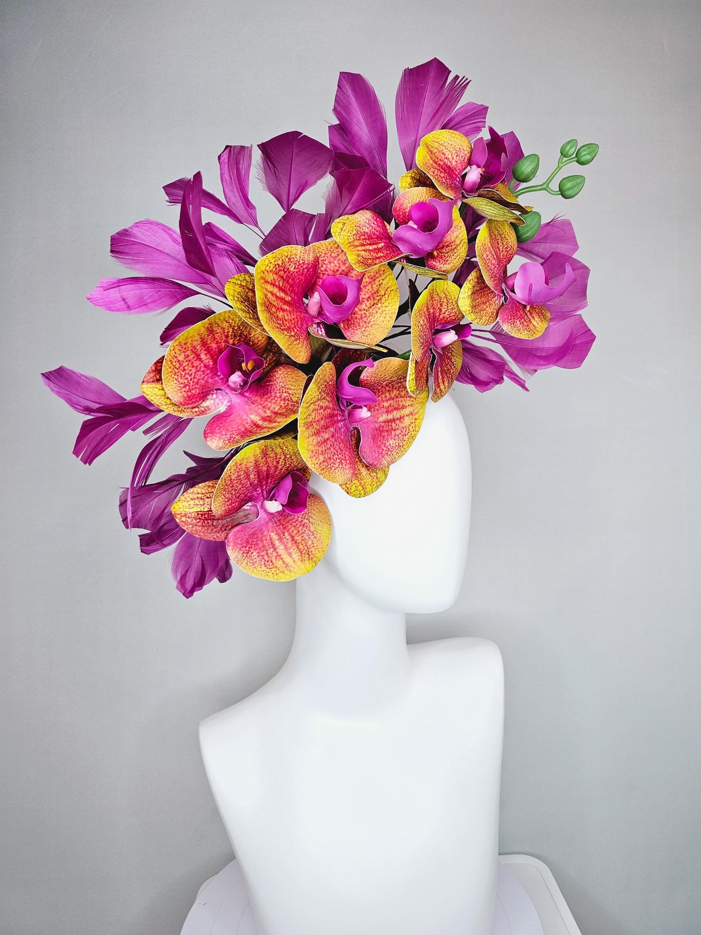 kentucky derby hat fascinator large yellow and pink magenta purple orchid satin silk flowers, magenta purple branching feathers