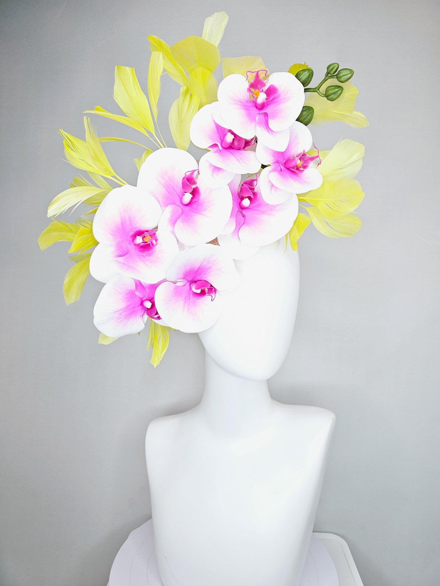 kentucky derby hat fascinator large white and pink orchid satin silk flowers, yellow branching feathers