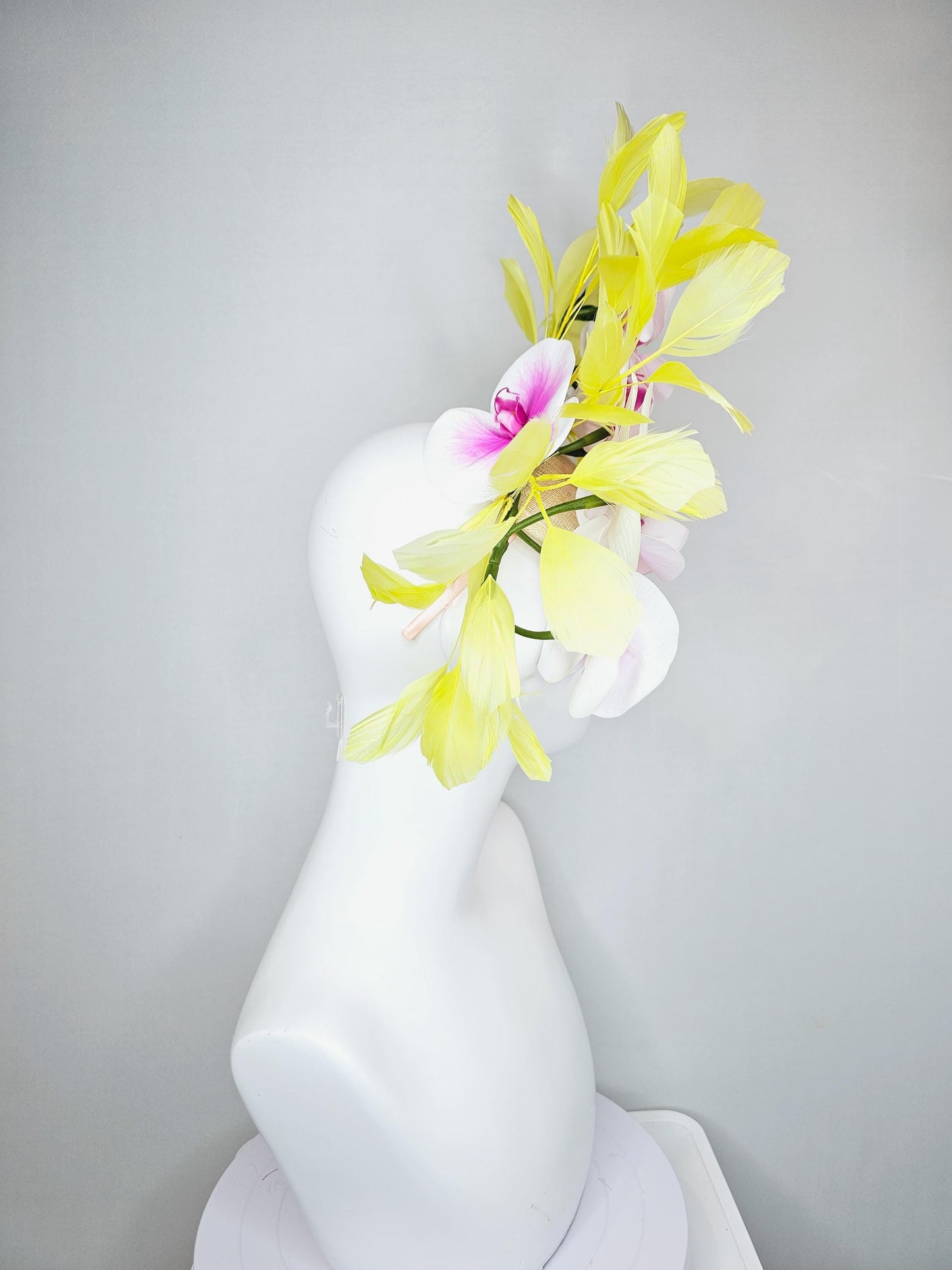 kentucky derby hat fascinator large white and pink orchid satin silk flowers, yellow branching feathers