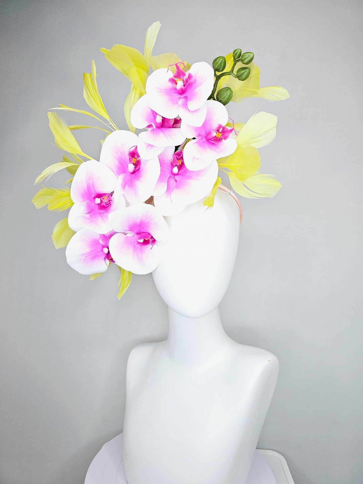 kentucky derby hat fascinator large white and pink orchid satin silk flowers, yellow branching feathers