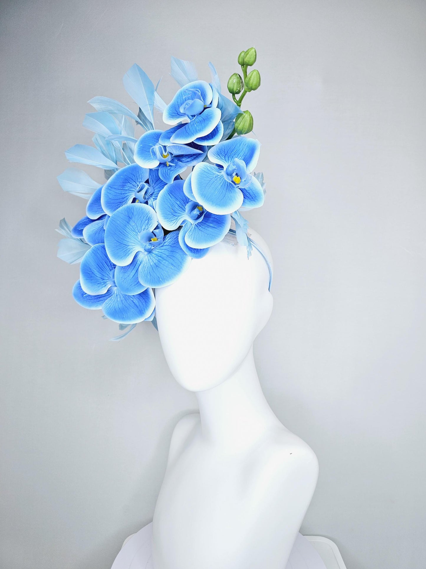 kentucky derby hat fascinator large sky blue orchid satin silk flowers, light blue branching feathers