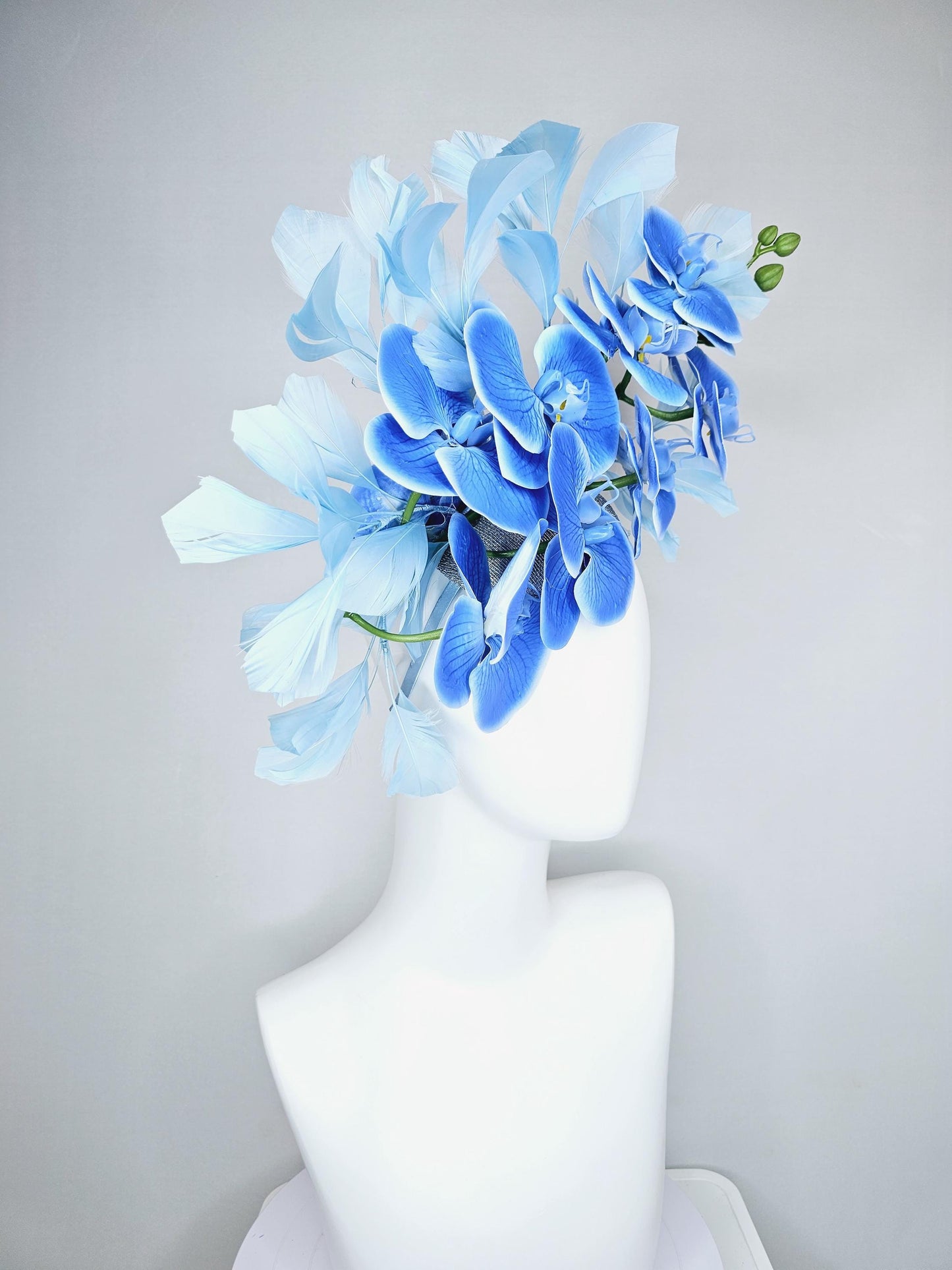 kentucky derby hat fascinator large sky blue orchid satin silk flowers, light blue branching feathers