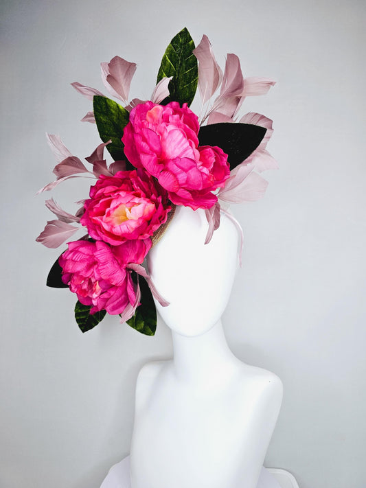 kentucky derby hat fascinator large hot pink satin silk peony flowers, large green velvet leaves and taupe gray branching feathers