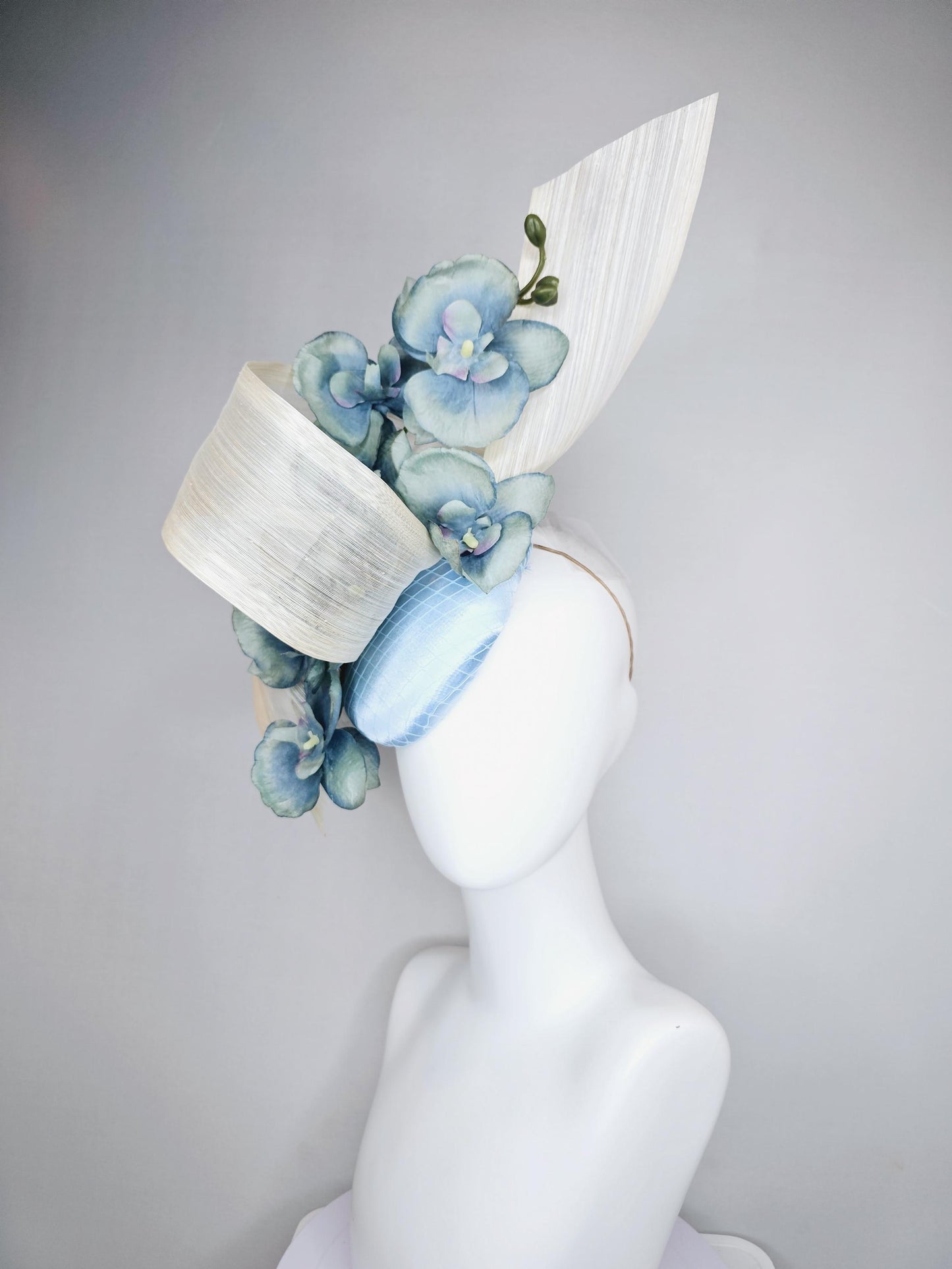 kentucky derby hat fascinator light blue satin with netting, ombre blue orchid flowers,neutral ivory white silk ribbon large bendable decor