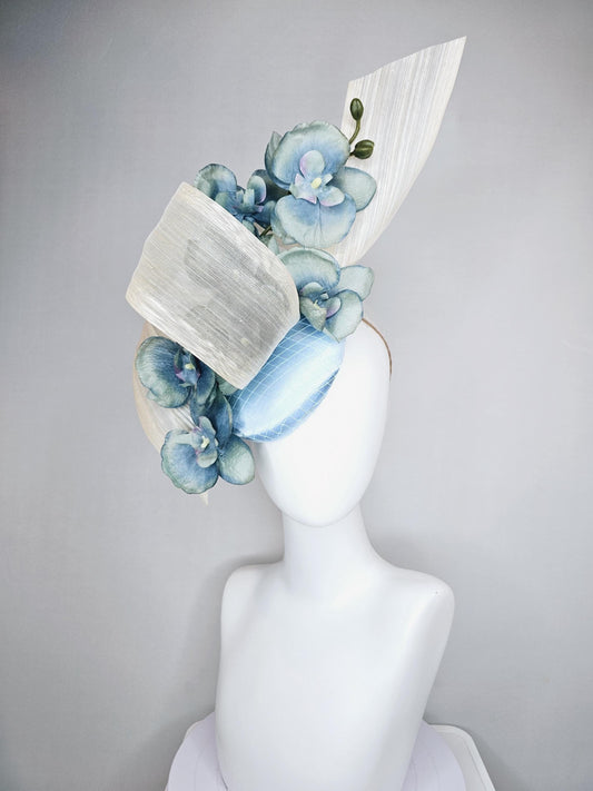 kentucky derby hat fascinator light blue satin with netting, ombre blue orchid flowers,neutral ivory white silk ribbon large bendable decor