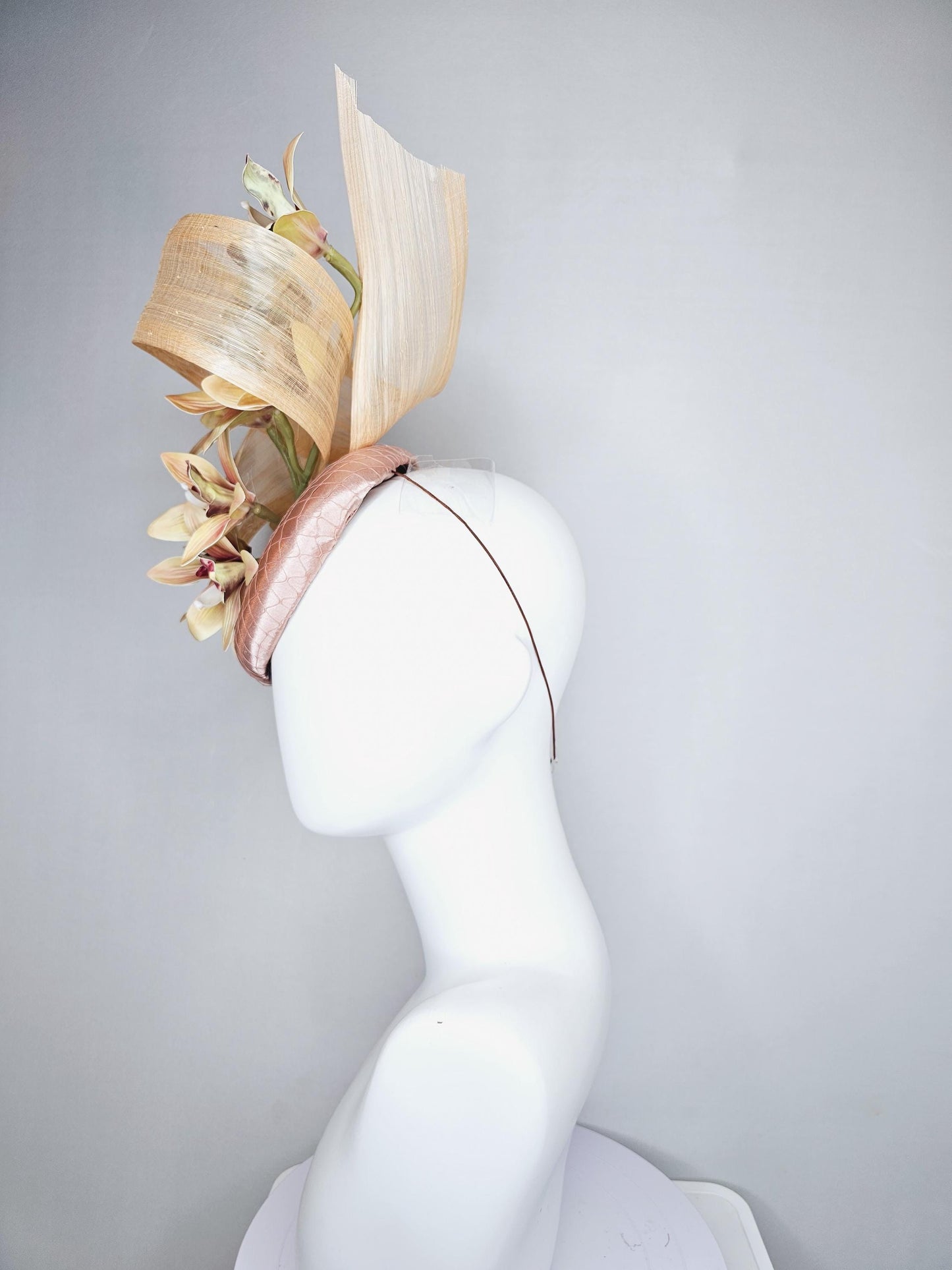 kentucky derby hat fascinator light pink satin with netting,yellow dusty pink orchid flowers,neutral beige silk ribbon large bendable decor