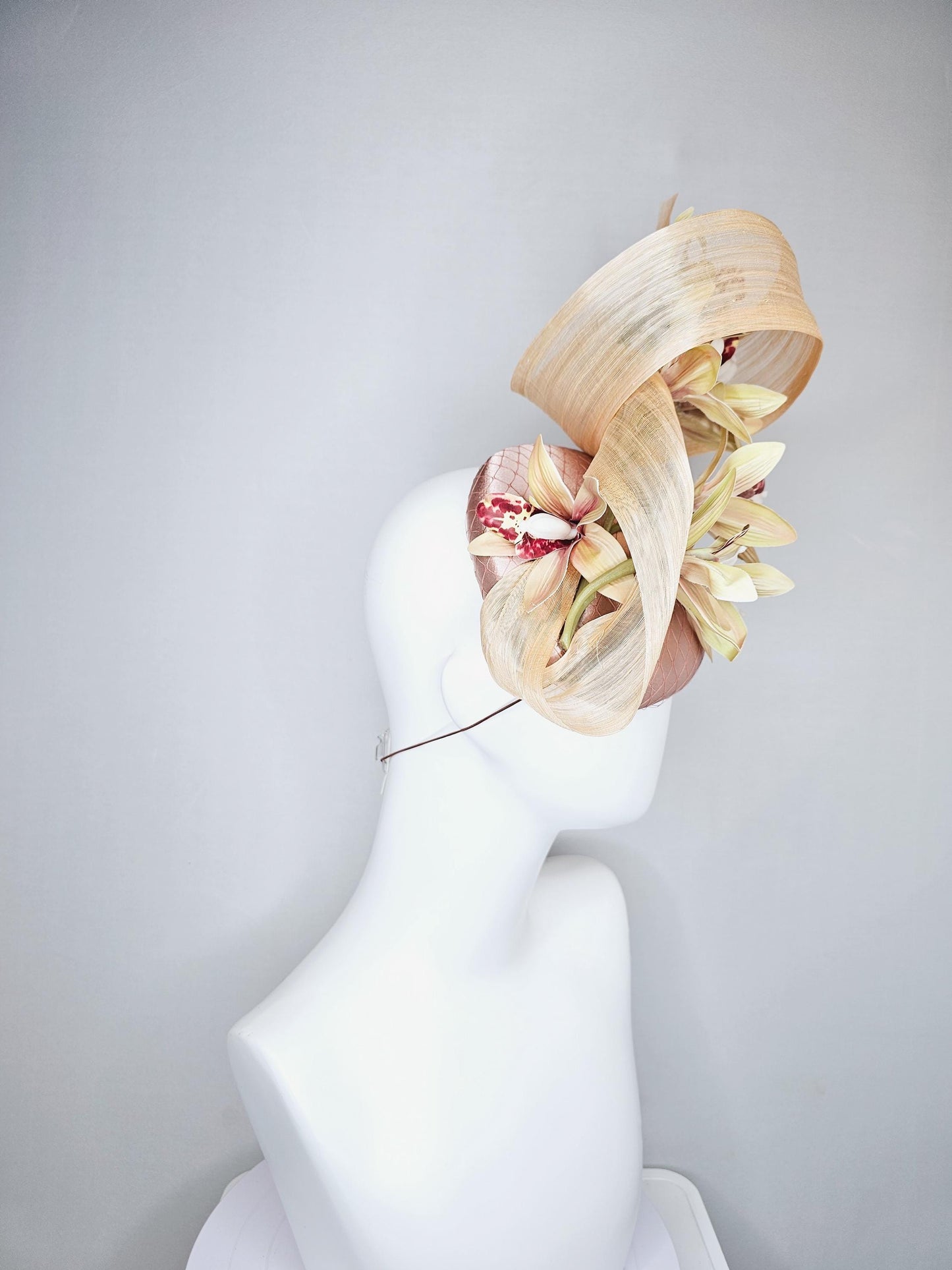 kentucky derby hat fascinator light pink satin with netting,yellow dusty pink orchid flowers,neutral beige silk ribbon large bendable decor