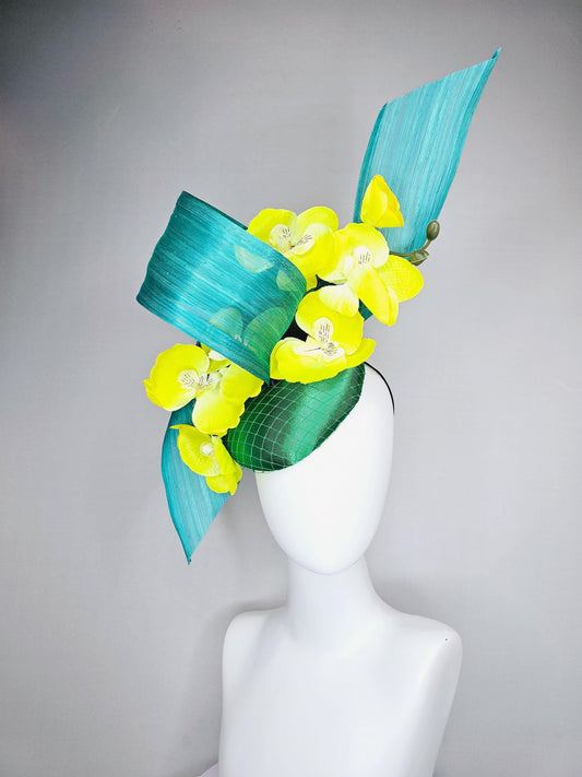 kentucky derby hat fascinator green satin with netting, yellow orchid flowers, turquoise blue ribbon large bendable decor
