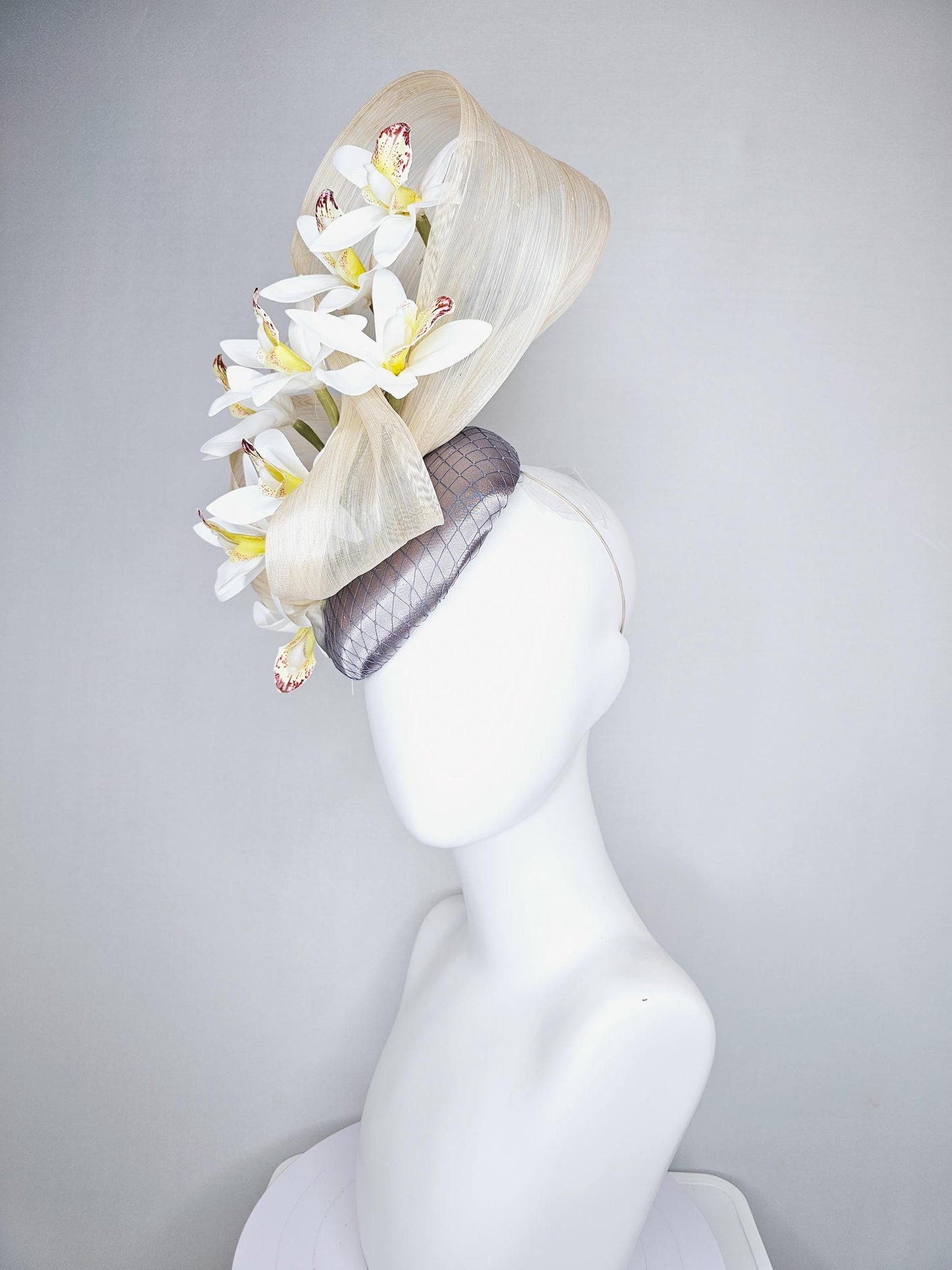 kentucky derby hat fascinator silver gray satin with netting,white w/ yellow wine red orchid flowers,ivory white ribbon large bendable decor