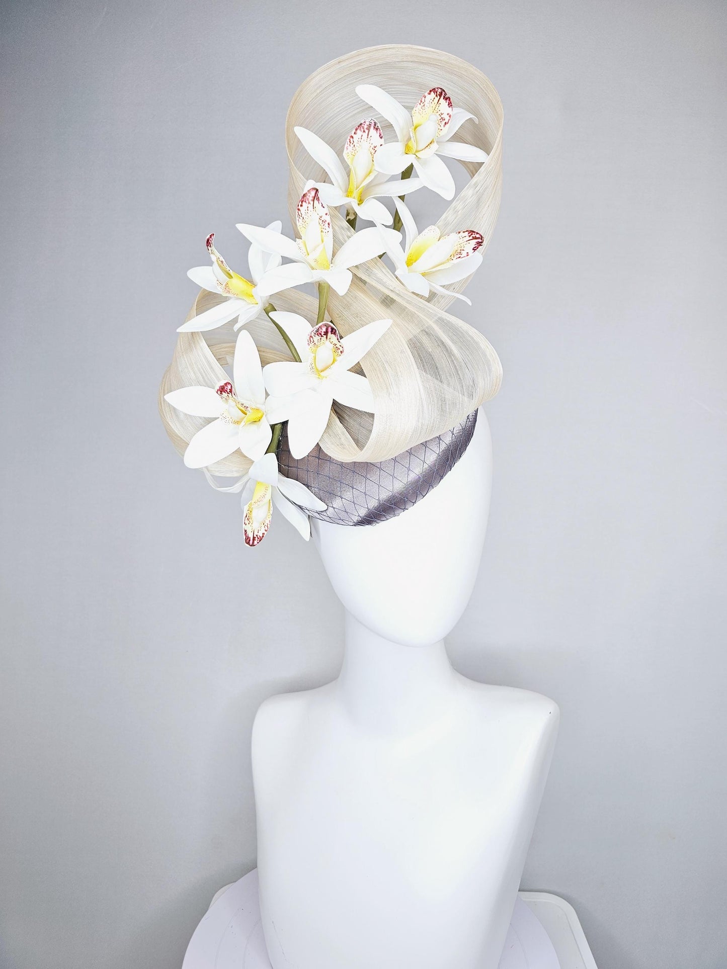 kentucky derby hat fascinator silver gray satin with netting,white w/ yellow wine red orchid flowers,ivory white ribbon large bendable decor