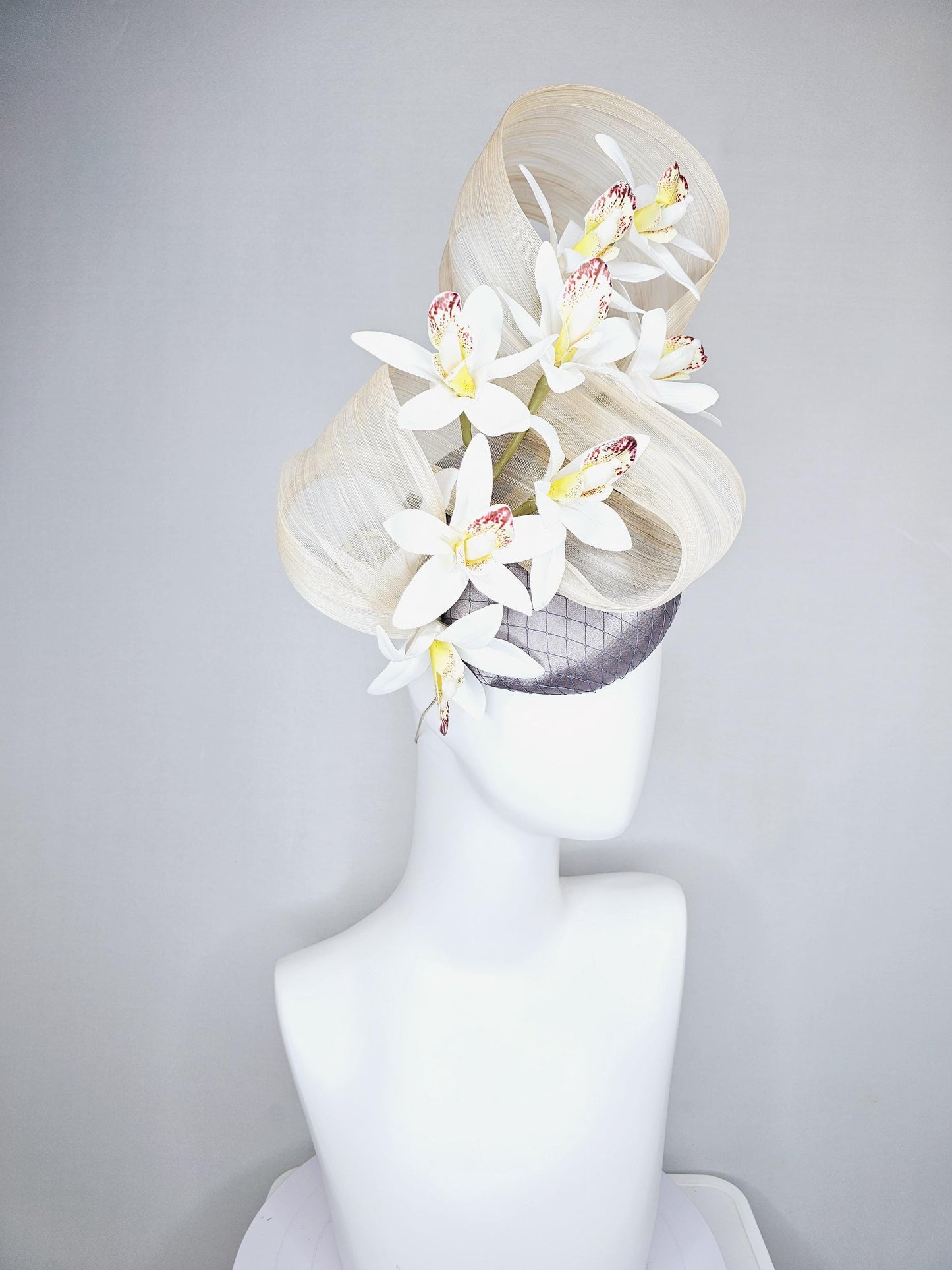 kentucky derby hat fascinator silver gray satin with netting,white w/ yellow wine red orchid flowers,ivory white ribbon large bendable decor