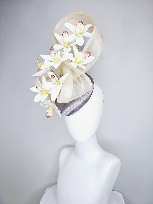 kentucky derby hat fascinator silver gray satin with netting,white w/ yellow wine red orchid flowers,ivory white ribbon large bendable decor