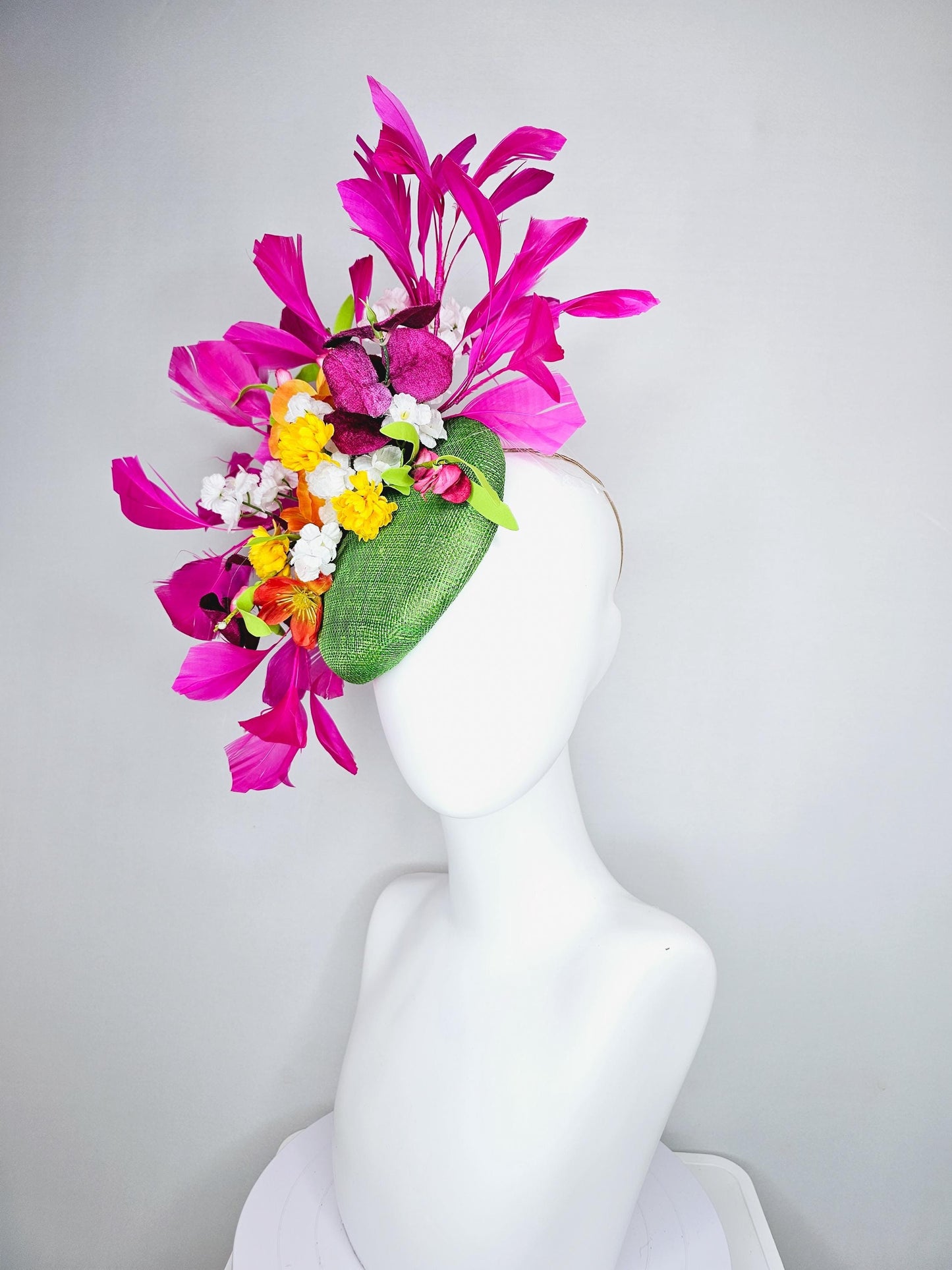 kentucky derby hat fascinator lime green sinamay with yellow orange white pink satin flowers, green leaves, fuchsia pink branching feathers