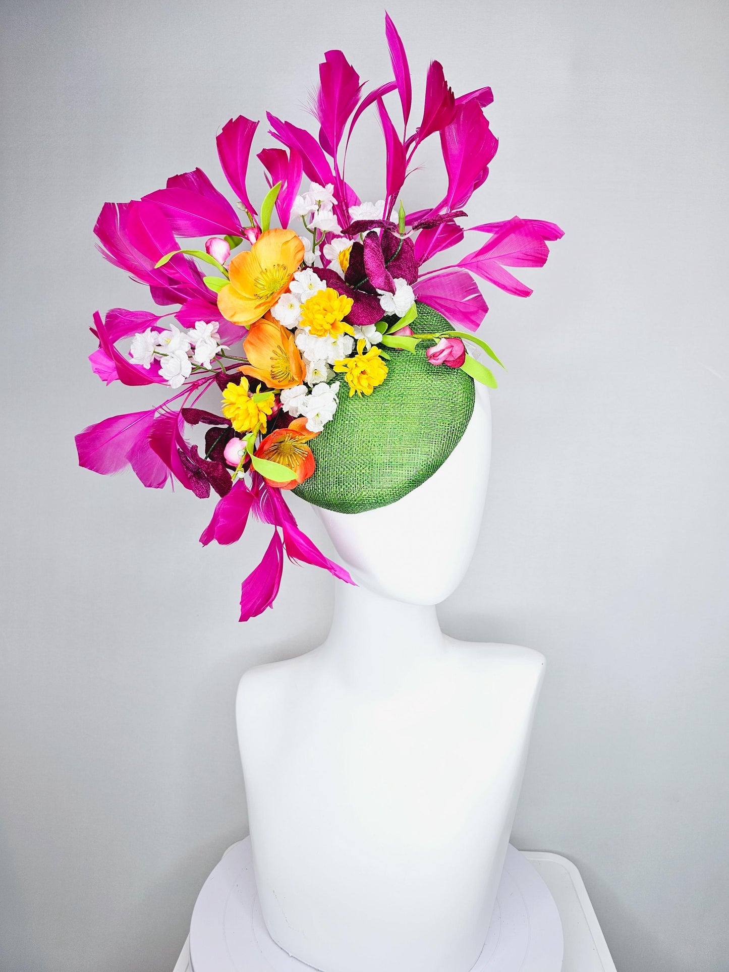 kentucky derby hat fascinator lime green sinamay with yellow orange white pink satin flowers, green leaves, fuchsia pink branching feathers