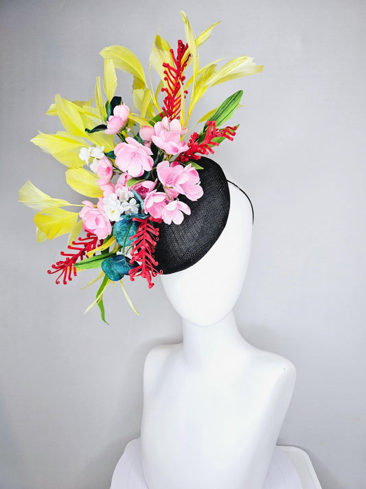 kentucky derby hat fascinator black sinamay,light pink white satin flowers,teal blue green leaves,cherry red stems,yellow branching feathers