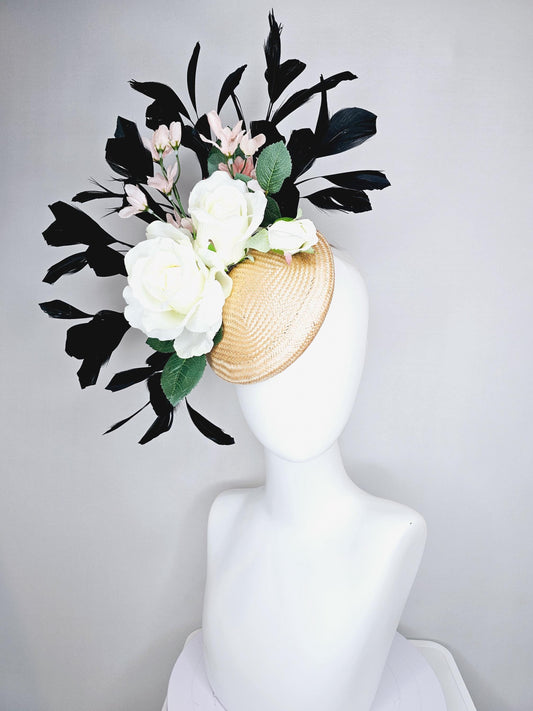 kentucky derby hat fascinator tan straw w/ neutral ivory white satin rose flowers,green leaves, light pink flowers, black branching feathers