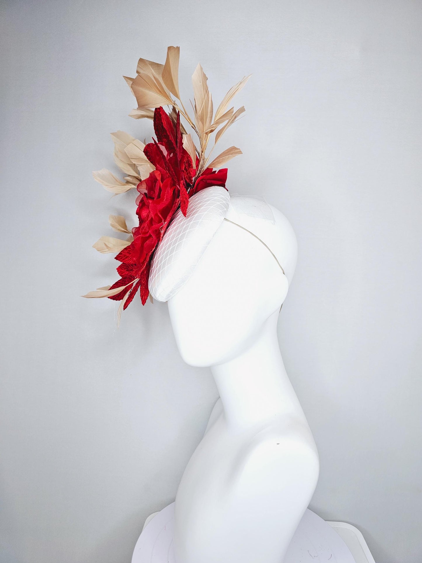 kentucky derby hat fascinator white satin with netting, scarlet red organza silk rose flower, red leaves,neutral gold tan branching feathers